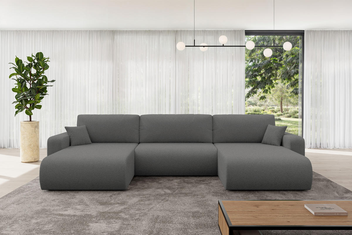 SEDACÍ SOUPRAVA DO U s funkcí spaní a úložným prostorem BERY-U 377x193x88 šedá bouclé - šedá/černá, kompozitní dřevo/textil (377/88/193cm) - ALTDECOR