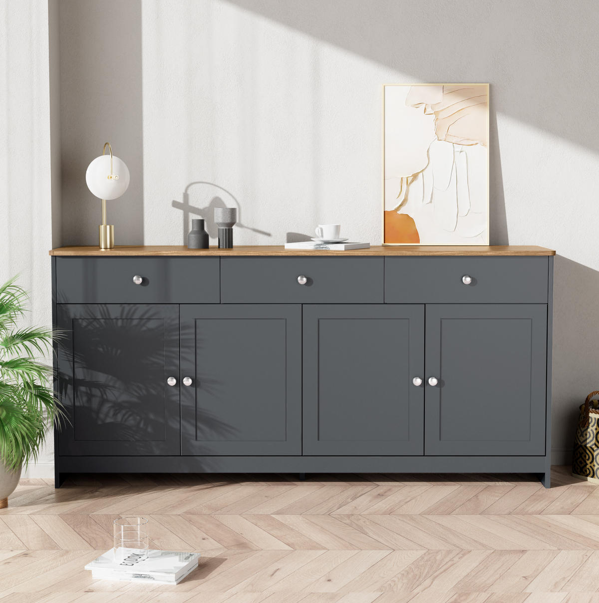 KOMMODE aus MDF 160x37x75cm in Schwarz mit 3 Schubladen - Schwarz, Holzwerkstoff (160/75/37cm) - Modfu