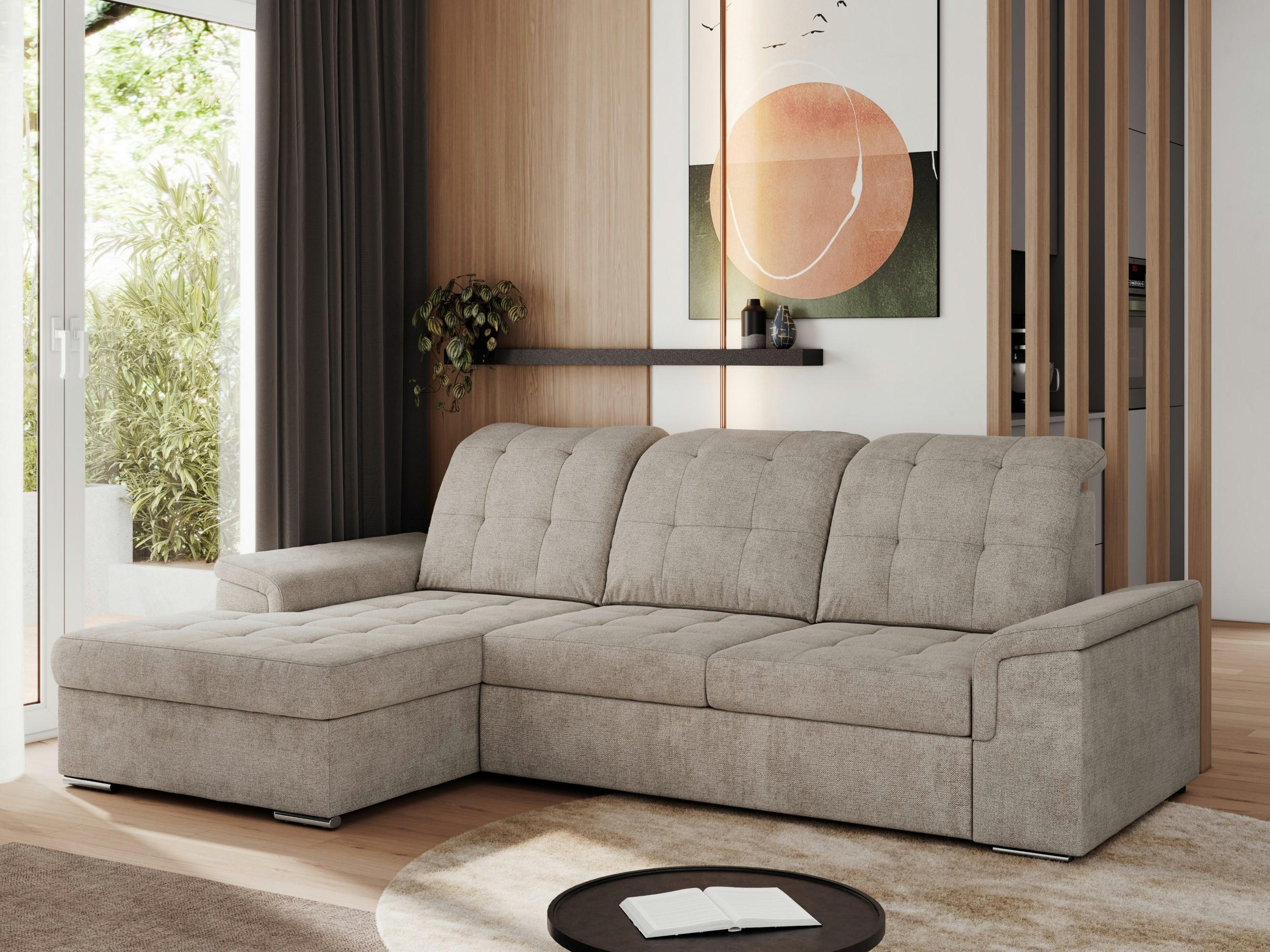ECKSOFA MADRITO L - Beige Struktur - Links - Beige/Silberfarben, Textil/Metall (160/256cm)