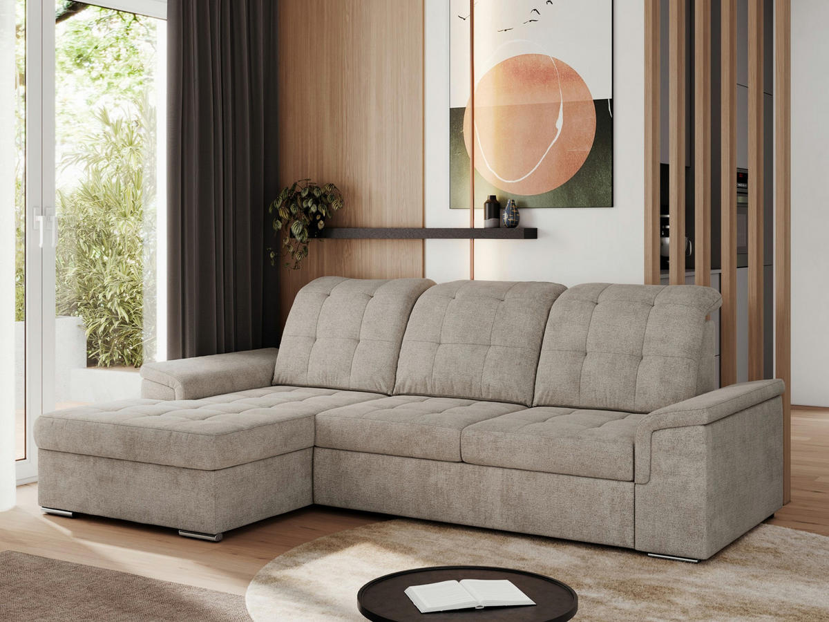 ECKSOFA MADRITO L - Beige Struktur - Links - Beige/Silberfarben, Textil/Metall (160/256cm)