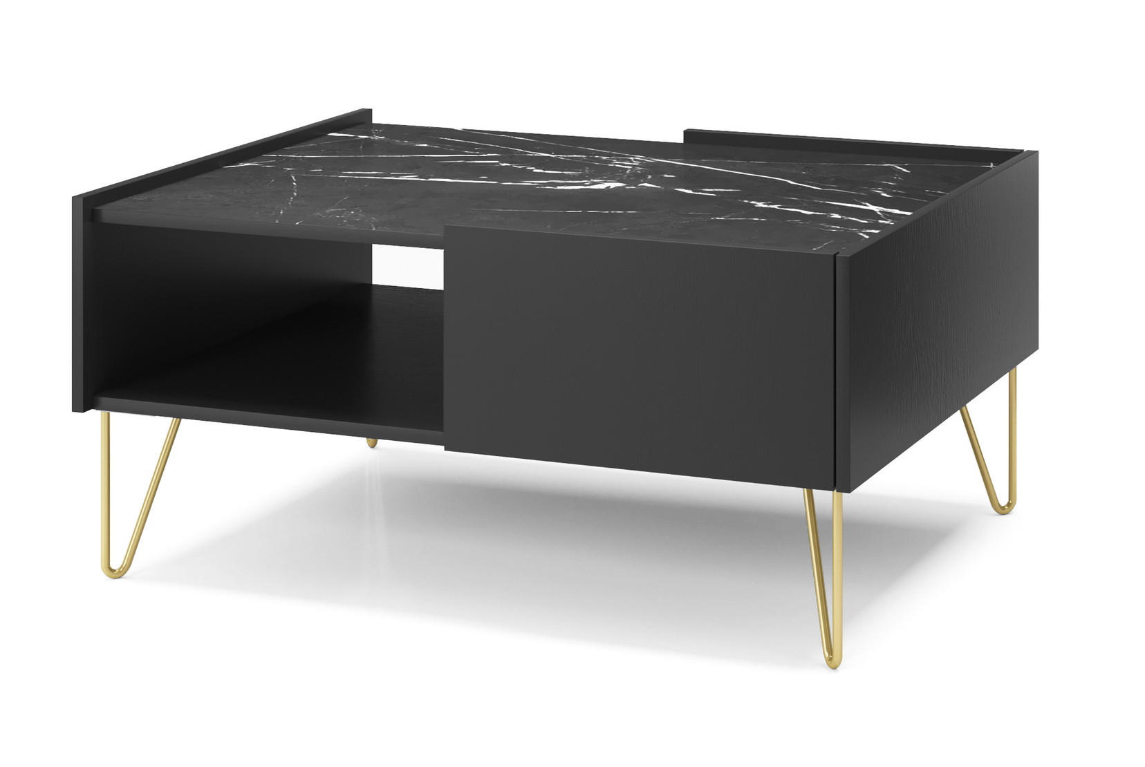 COUCHTISCH 97 cm mit Schublade Olven, goldene Beine, Schwarz - Schwarz, Holz (65/97/45cm) - Emporius