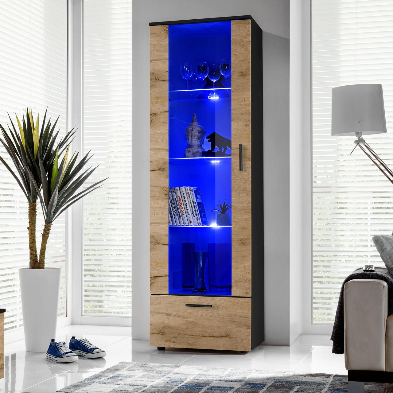 VITRINE ALESSANDRIA, Wotan, LED Blau - Eiche Wotan/Schwarz, Glas/Holzwerkstoff (60/192/42cm) - Komodee