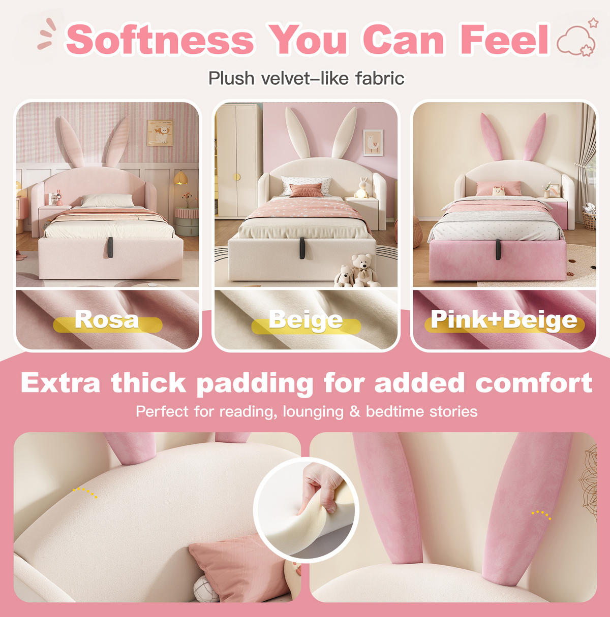 KINDERBETT 90/190 cm, Beige & Rosa mit Hasenohren, Nachttisch, ohne Matratze - Pink, Textil (90/190cm) - MIVRAY