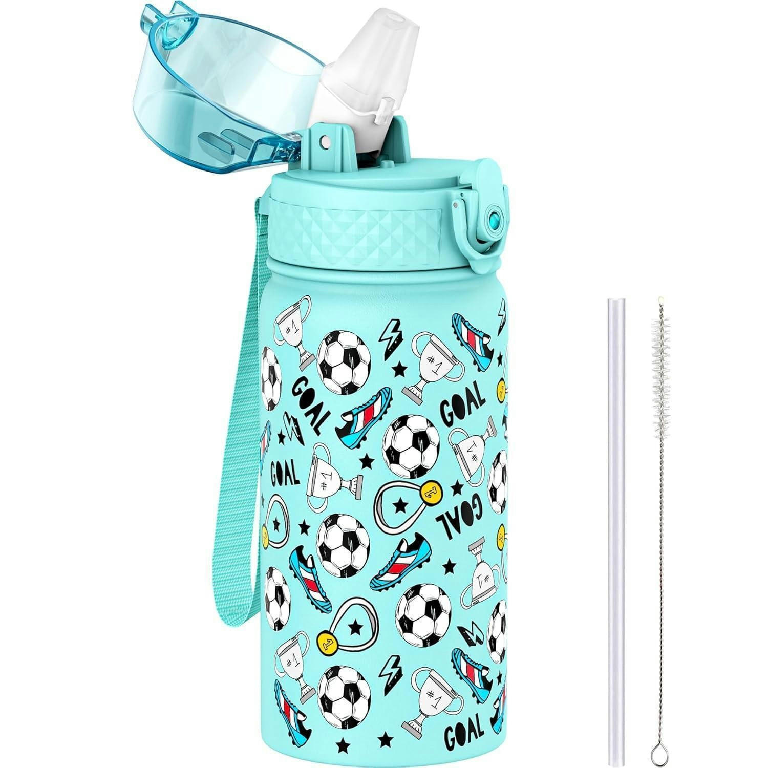 KINDER Trinkflasche 420 ml Edelstahl mit Strohhalm Himmelblau Fußball - Hellblau, Metall (7.5/7.5cm)