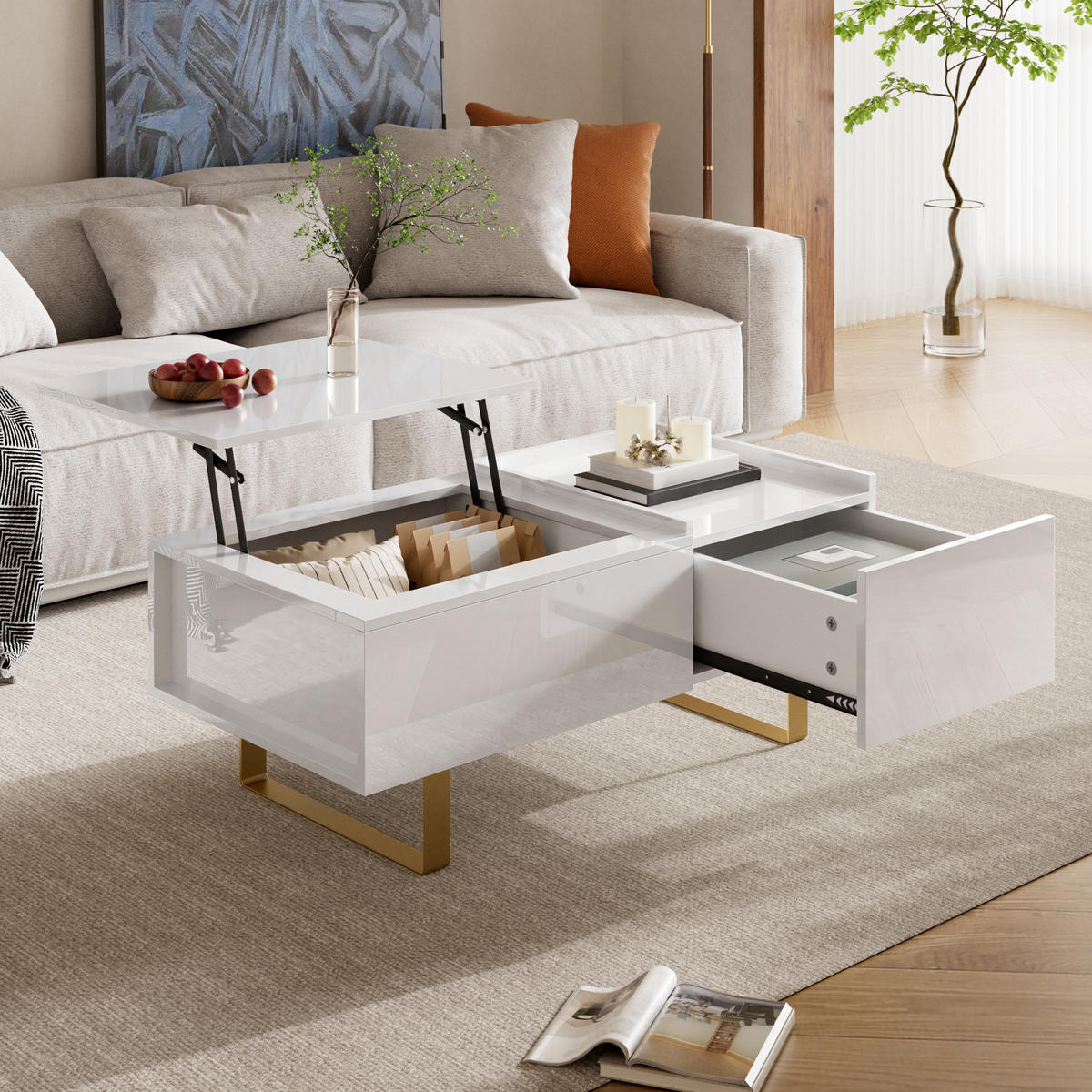 COUCHTISCH Höhenverstellbar MDF Hochglanz Schublade - Weiß, Holzwerkstoff (50/100/54.5cm) - FLIEKS
