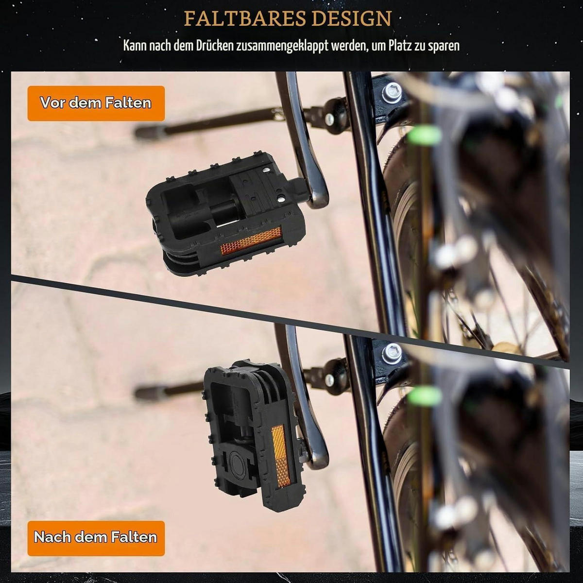 FAHRRADPEDALE Klappbar mit Reflektoren 9/16 Zoll - Schwarz, Kunststoff (7/3.2/12.3cm)