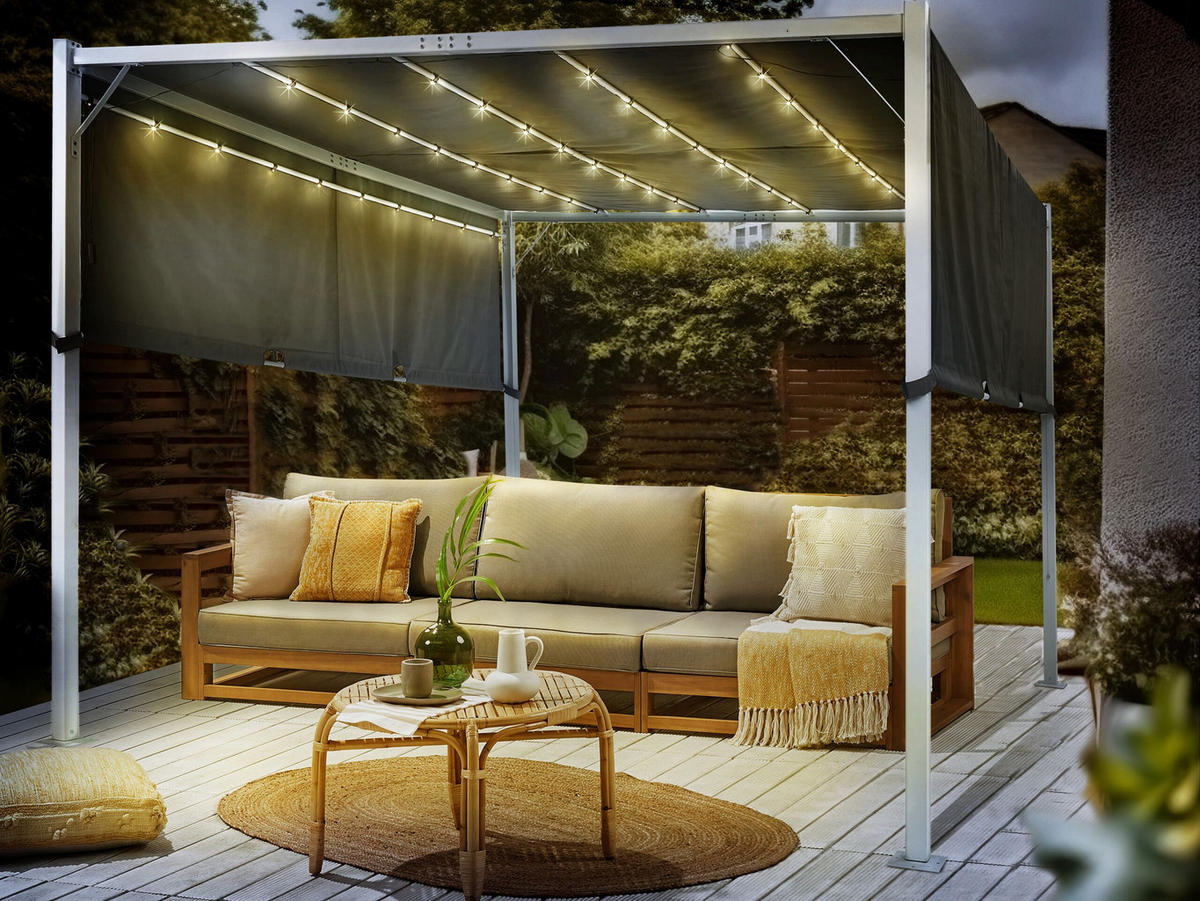 PERGOLA mit LED-Beleuchtung Stahl grau 310/310 cm Parga - Weiß/Grau, Metall (310/215/310cm) - Beliani