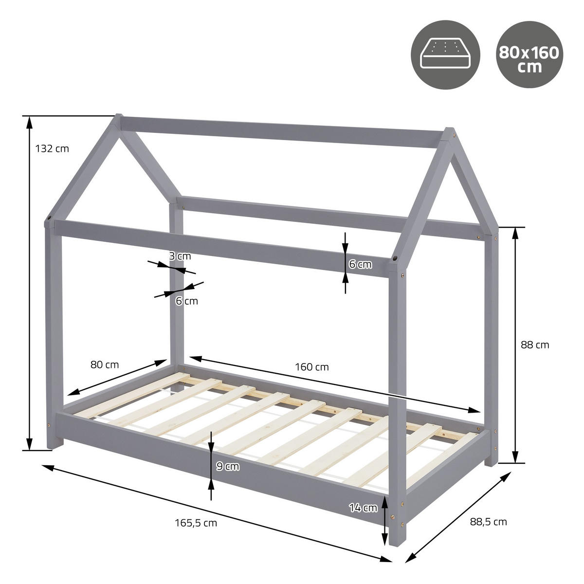 KINDERBETT mit Dach und Matratze 80x160 cm Hellgrau - Hellgrau, Holz (80/160cm) - ML-DESIGN