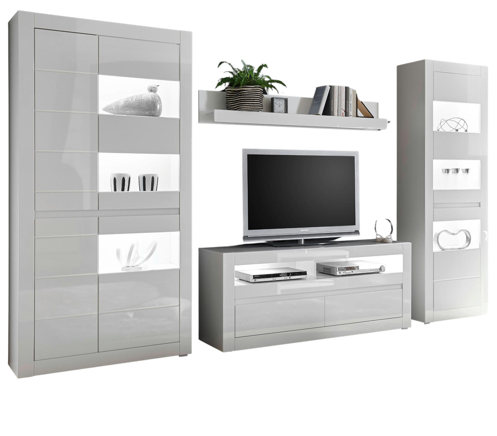 WOHNWAND Hochglanz weiß, Stone Design grau 4-teilig, Anbauwand mit Soft-Close - Weiß Hochglanz/Weiß, Glas/Holzwerkstoff (336/198/42cm) - Furn.Design