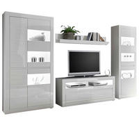 WOHNWAND Hochglanz weiß, Stone Design grau 4-teilig, Anbauwand mit Soft-Close - Weiß Hochglanz/Weiß, Glas/Holzwerkstoff (336/198/42cm) - Furn.Design