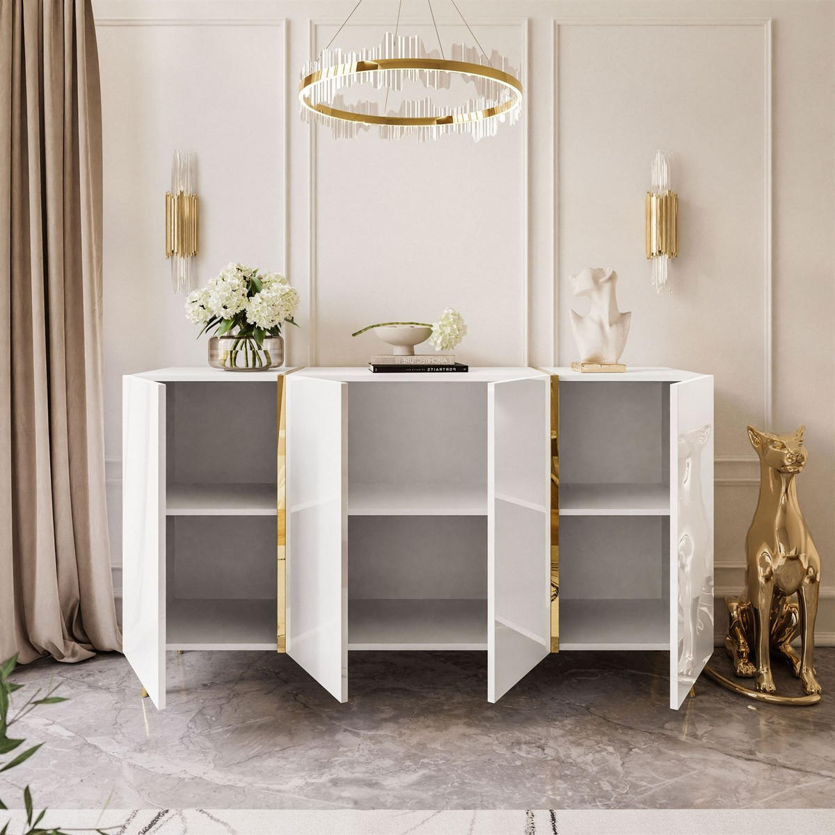 SIDEBOARD ONYX 4T 158 CM AUF GOLDENEN BEINEN PUSH OPEN - Weiß, Holzwerkstoff (158/88/41cm) - Lookway