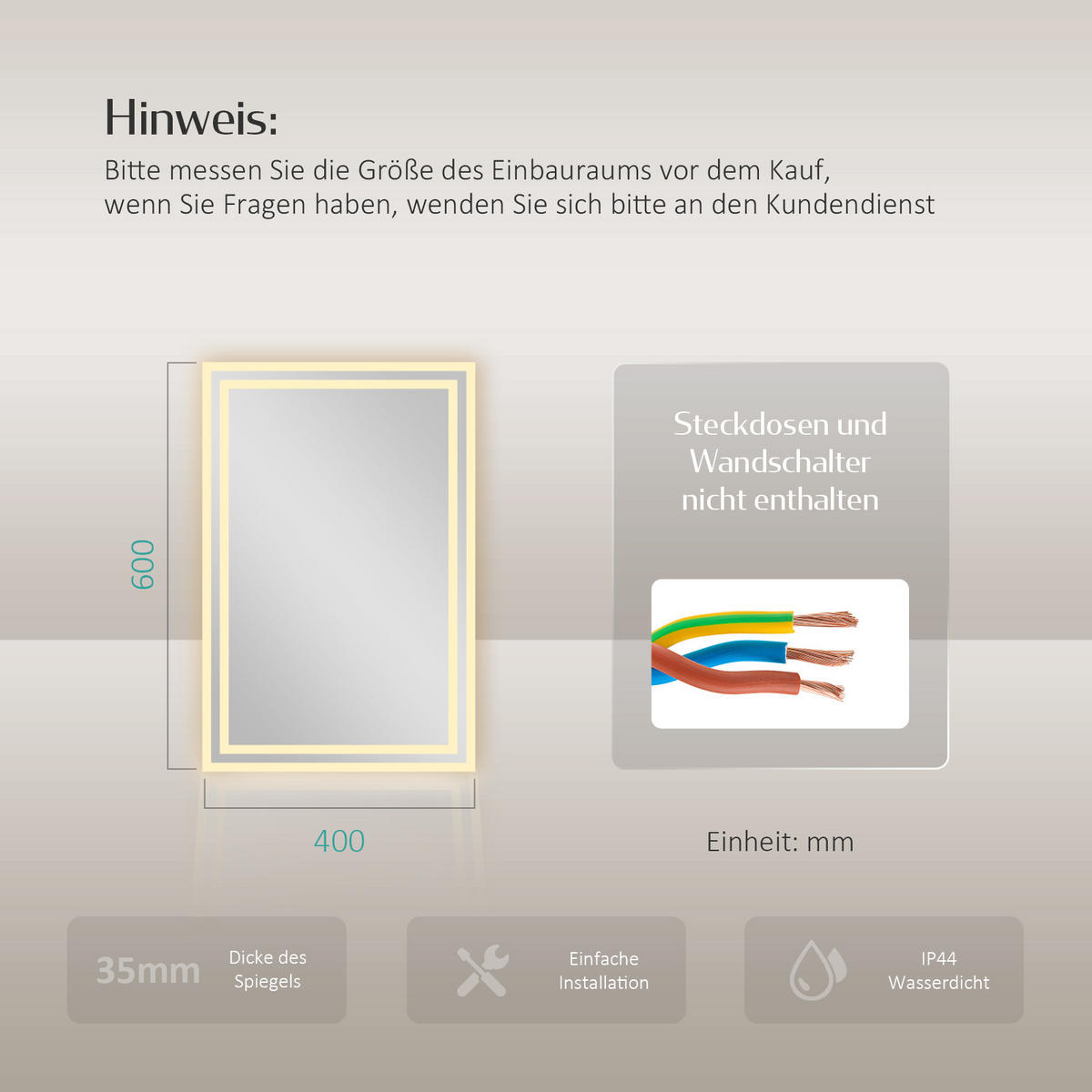 BADSPIEGEL mit Beleuchtung 60/40/3,5 cm - Weiß, Glas (40/3.5/60cm) - EMKE