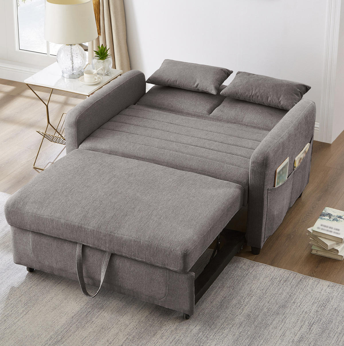 SOFA Zweisitzer mit Schlaffunktion ausziehbar Grau Baumwoll-Leinen 210/90/45 cm - Grau, Kunststoff (114/82.5/77cm) - OKWISH