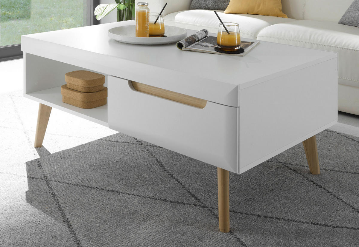 COUCHTISCH weiß matt, Eiche skandinavisch 107 x 67 cm, Wohnzimmertisch mit Stauraum - Eichefarben/Weiß, Holz/Holzwerkstoff (107/67/46cm) - Furn.Design