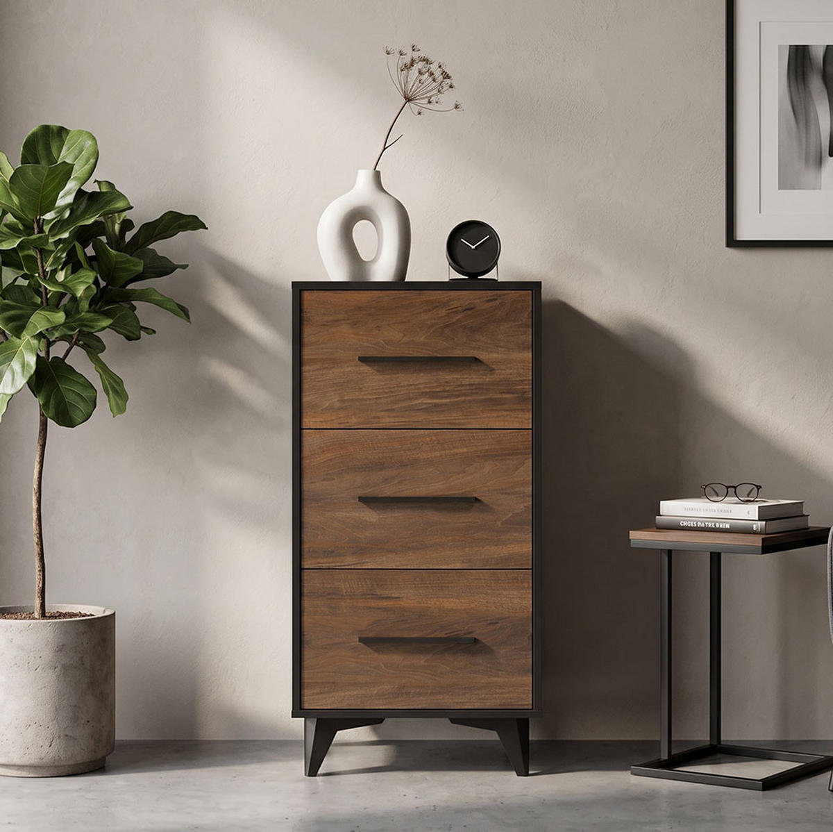 SCHUBLADENKOMMODE Frida Shirin Walnuss / schwarz 47,3 / 40,3 / 94,5cm - Walnussfarben/Schwarz, Holz/Holzwerkstoff (47.3/94.5/40.3cm) - Feldmann-Wohnen