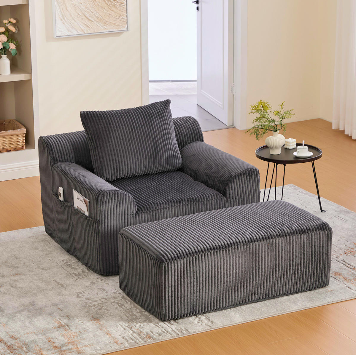 SESSEL aus Kord 147x110x67 cm Dunkelgrau mit Fußhocker, Seitentaschen und montagefreiem Komfort - Dunkelgrau, Textil (110/67/147cm) - Modfu
