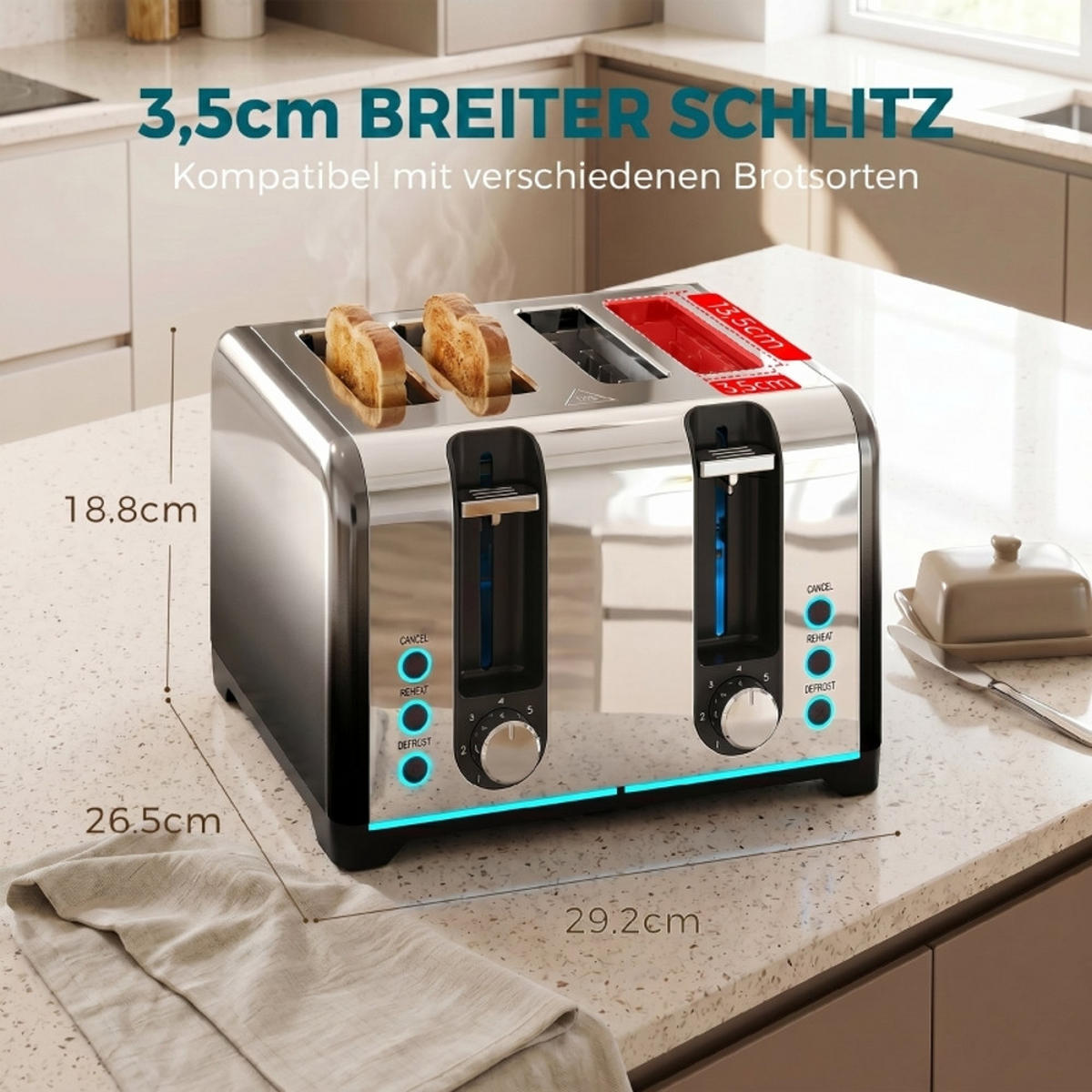 TOASTER 4-SCHEIBEN- 7 Bräunungsstufen, Auftaufunktion, Schwarz, 26,4/15,6/18,9 cm - Schwarz, Kunststoff (15.6/18.9/26.4cm) - Rolipo