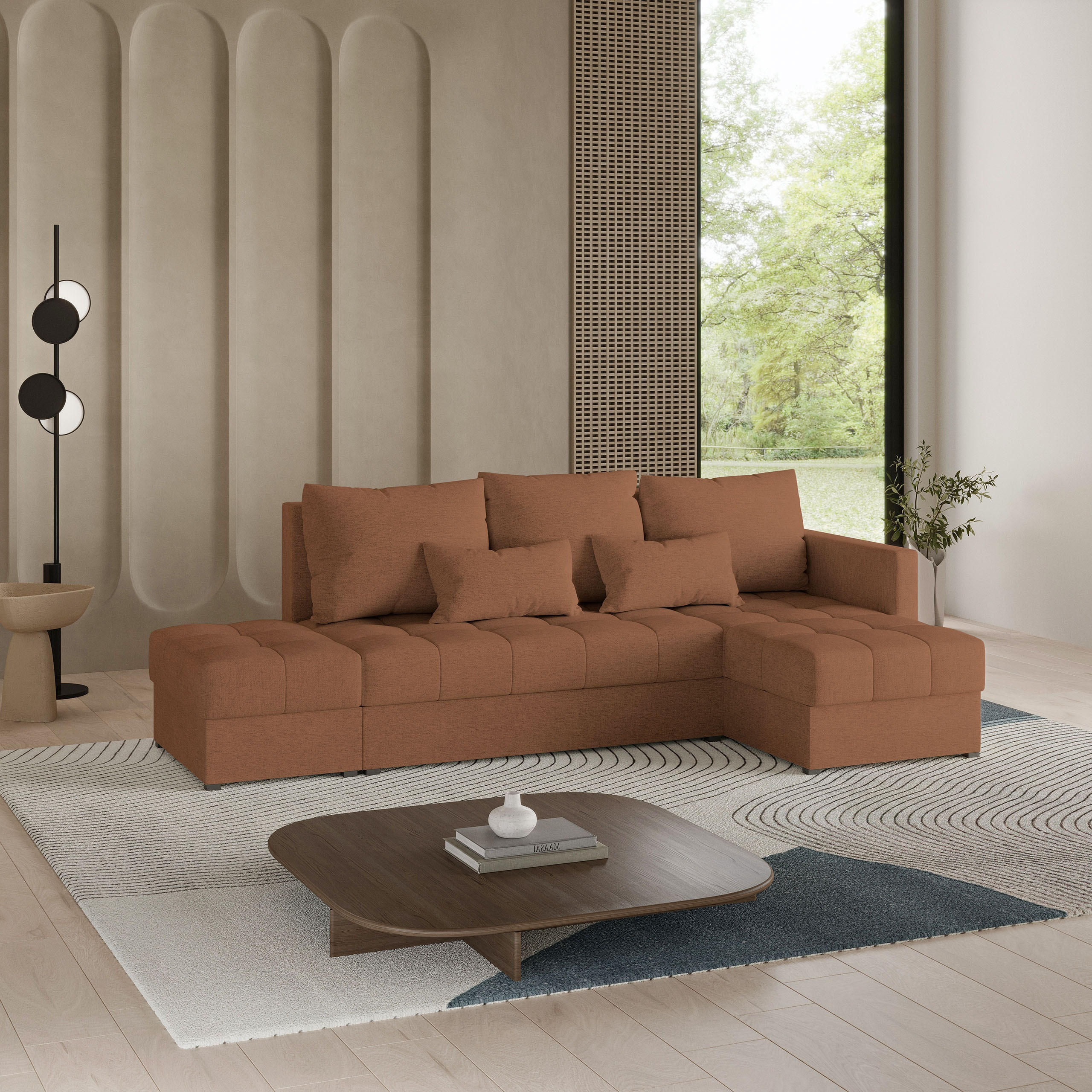 ECKSOFA LUMARI R-S Kupferfarben Plüsch-Stoff mit Schlaffunktion - Kupferfarben, Holz (262/143cm) - MASSENO