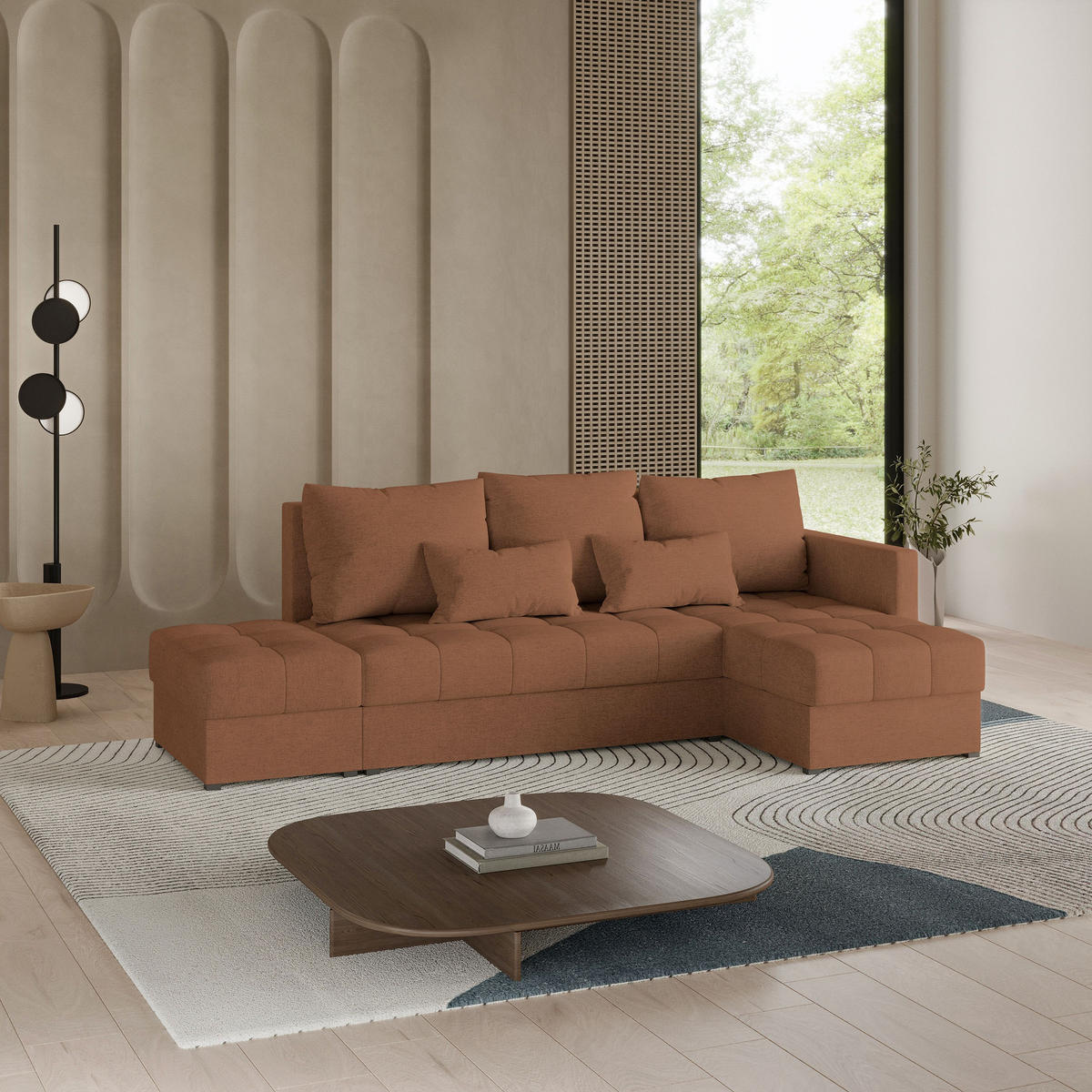 ECKSOFA LUMARI R-S Kupferfarben Plüsch-Stoff mit Schlaffunktion - Kupferfarben, Holz (262/143cm) - MASSENO