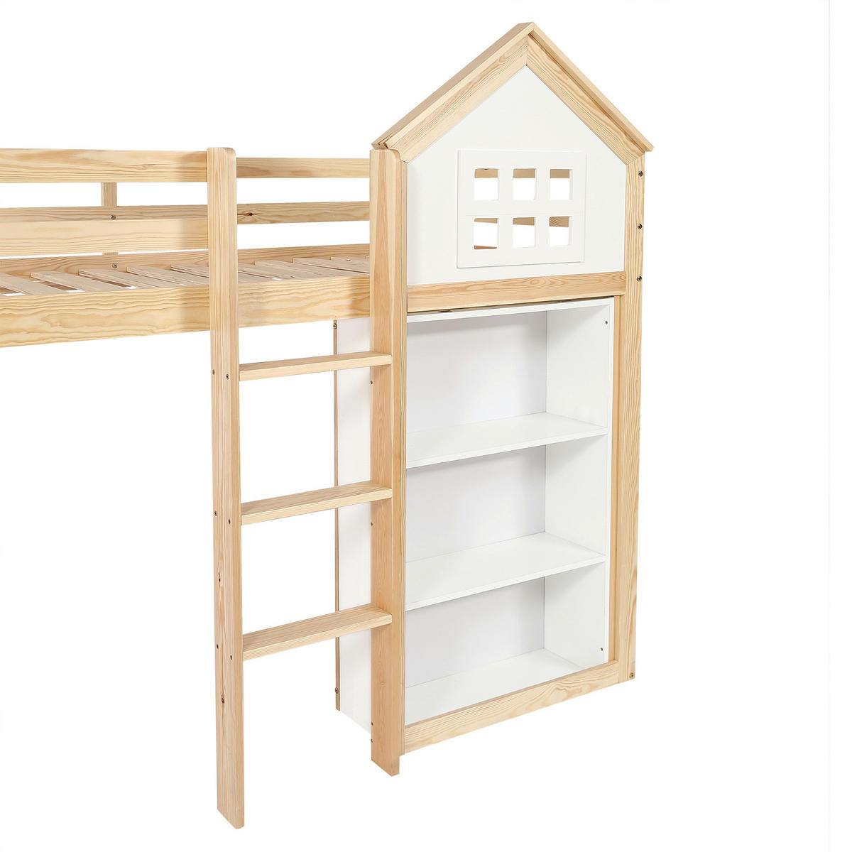 HOCHBETT 90/200 mit Staufächern, Schubladen und Sicherheitsgeländer in Weiß und Natur - Weiß/Naturfarben, Holzwerkstoff (90/200cm) - EVRYAE