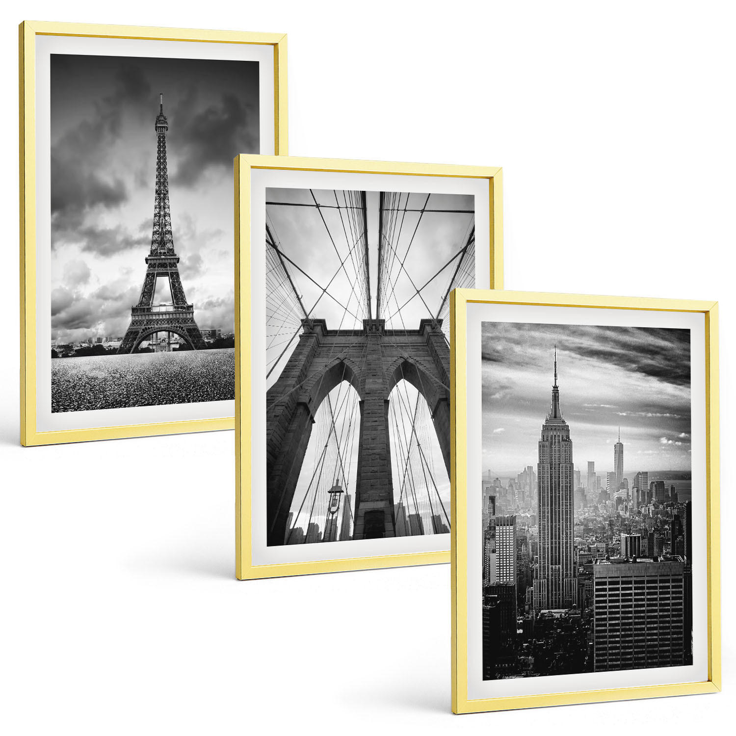 BILDER SET 3er Set - 40x60 cm Goldrahmen - Monochromatische Brückentürme - Goldfarben, Kunststoff (40/60cm) - TULUP