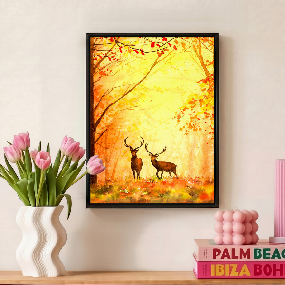 LEINWAND Bilder mit Rahmen - Natur - Ölfarbe - Hirsche - Tiere - Herbst - Orange - 30x40 - Orange, Textil (30/40cm) - MuchoWow