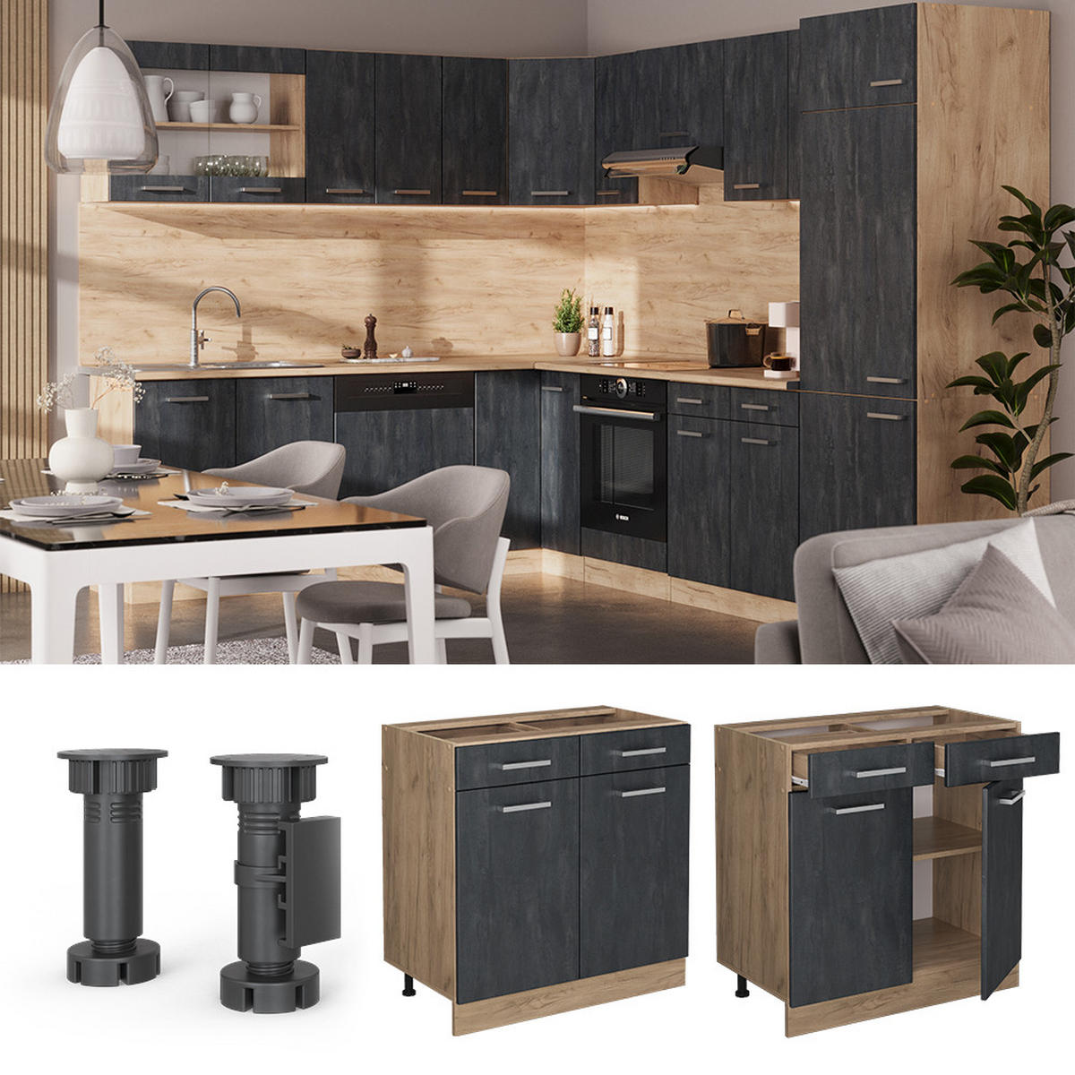 KÜCHENUNTERSCHRANK R-Line Schwarz Beton 80 cm AP Eiche - Honigeiche/Eiche Wotan, Holzwerkstoff (80/81.6/60cm) - Vicco