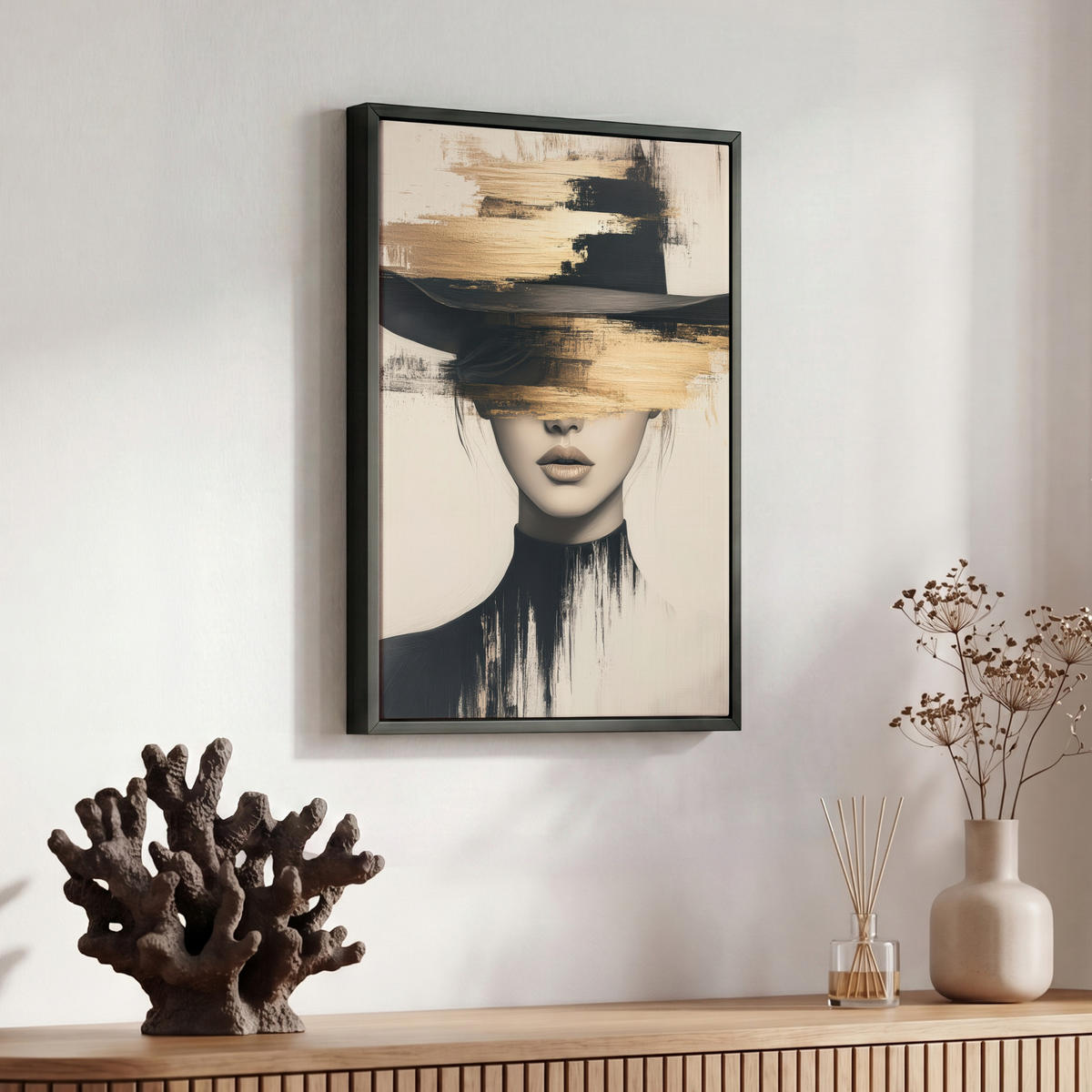 LEINWAND Bilder mit Rahmen - Frau - Hut - Farbe - 30x40 - Goldfarben, Textil (30/40cm) - MuchoWow