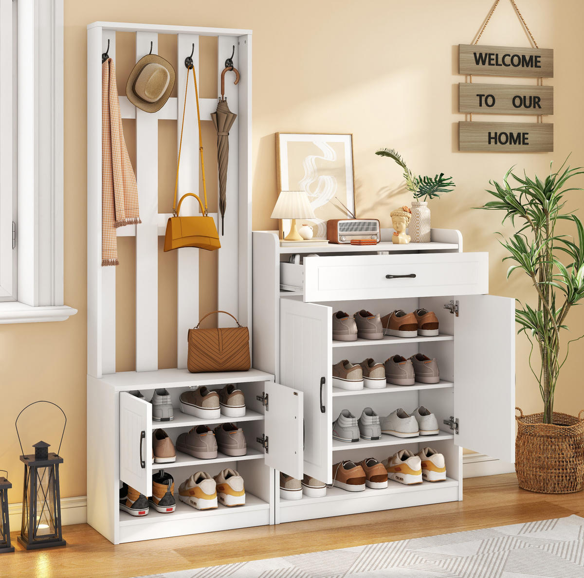 GARDEROBENSET 140/30,5/180 cm aus Spanplatte mit Schuhschrank, Bank und 4 Haken Weiß - Weiß, Holzwerkstoff (140.6/180/30.5cm) - Modenvie