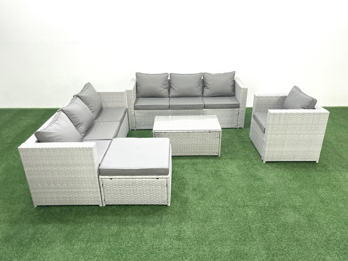 GARTENGARNITUR mit 3-SITZER SOFA,COUCHTISCH Polyrattan Hellgrau-Mix 8-Sitzer - Hellgrau/Grau, Glas/Kunststoff - Fimous