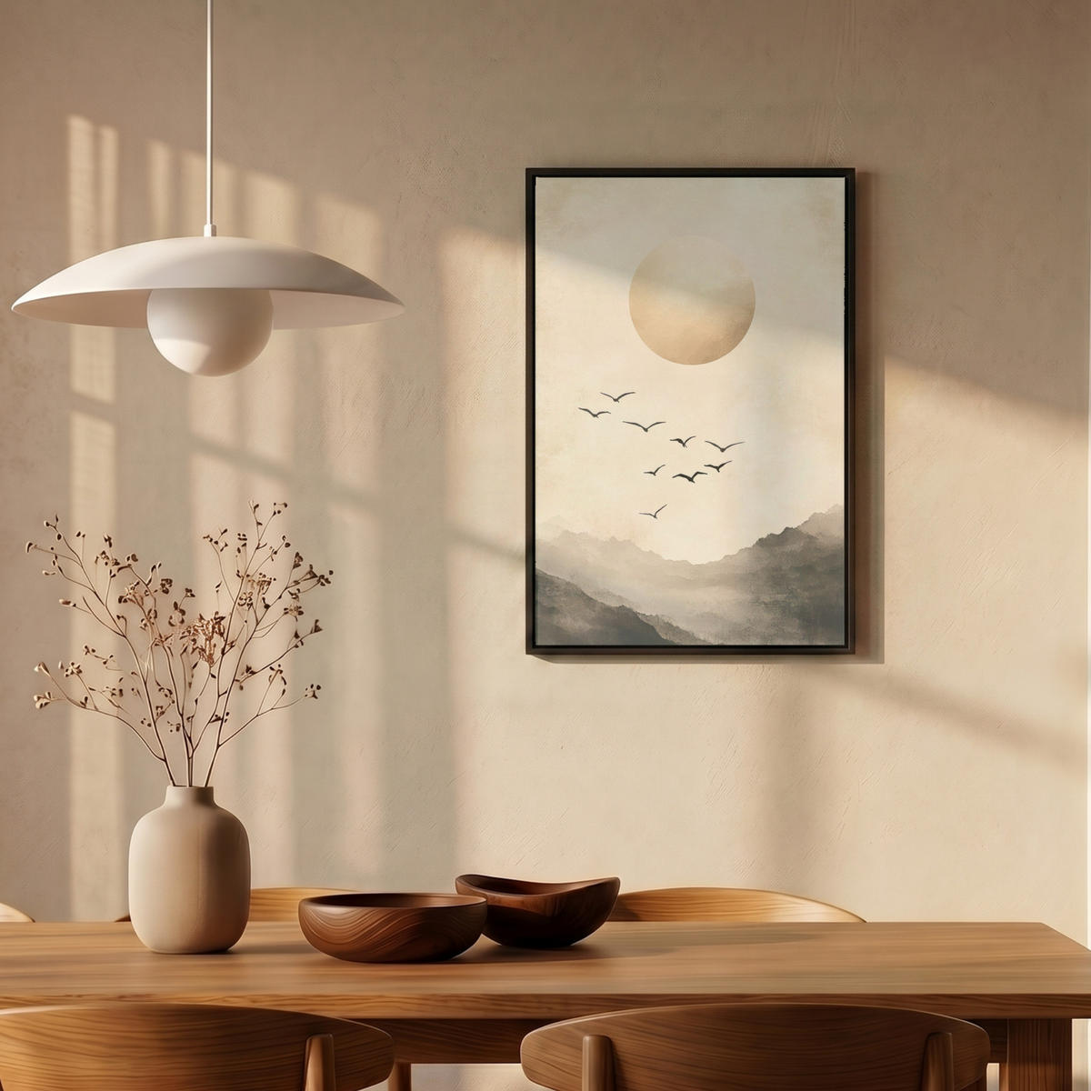 LEINWAND Bilder mit Rahmen - Landschaft - Japandi - Vogel - 40x60 - Beige, Textil (40/60cm) - MuchoWow