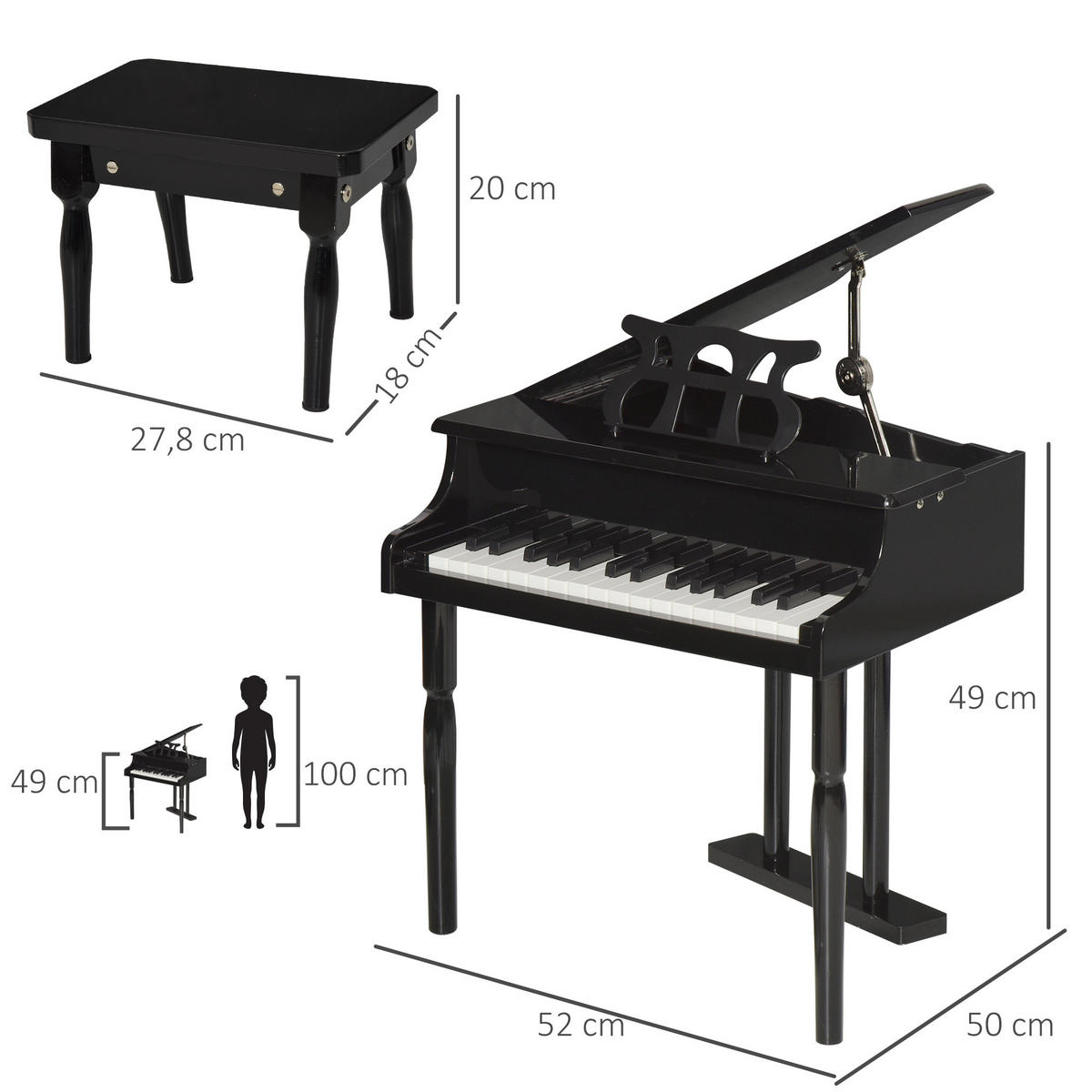 KINDERFLÜGEL DE-18642 30 Tasten, mit Hocker und Notenständer Schwarz - Schwarz, Holzwerkstoff (127/124.46/132.08cm) - ComfortXL