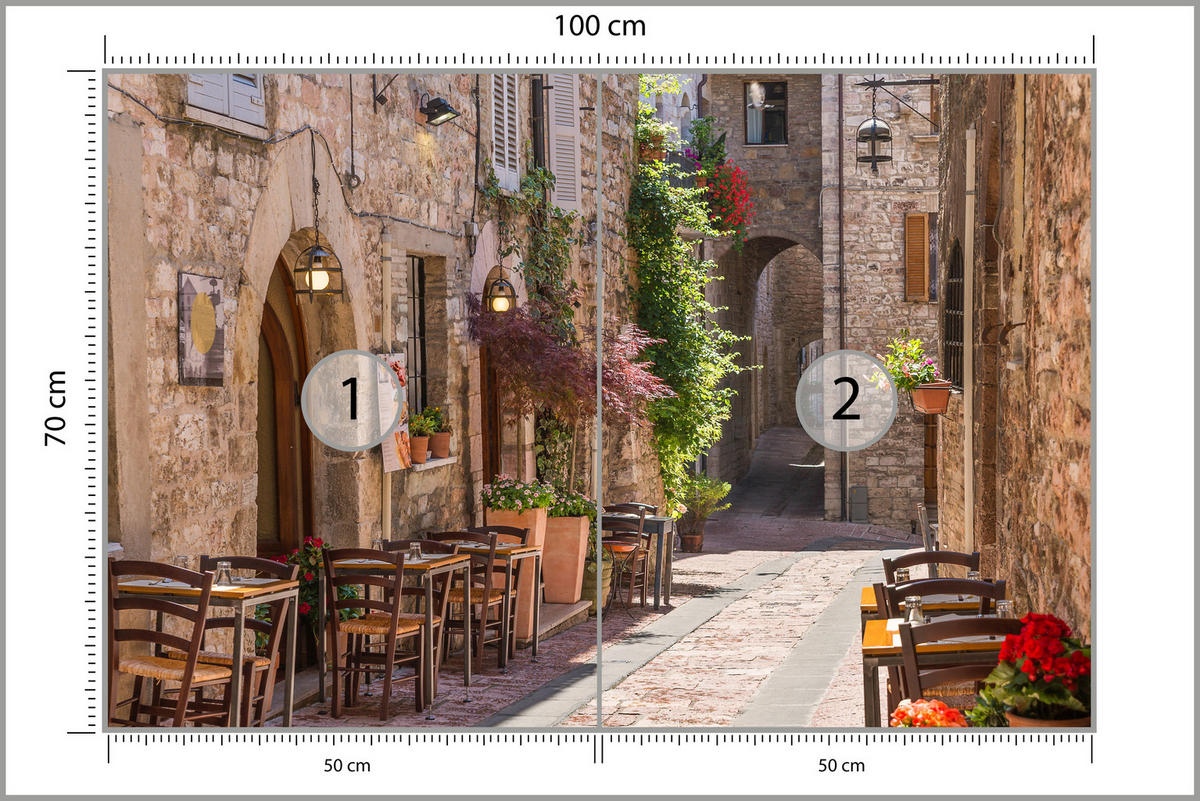 FOTOTAPETE für Wohnzimmer Italienische Steinstraße mit Restaurant Rustikal 100x70 - Beige/Rot, Papier (100/70cm) - Muralo