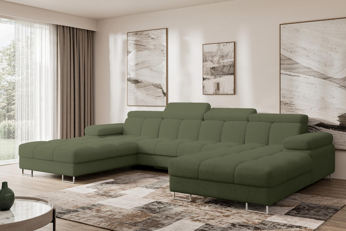 WOHNLANDSCHAFT mit Schlaffunktion und Bettkasten COMA U2 345x203x79 Grün Bouclé - Smaragdgrün, Holzwerkstoff/Textil (345/79/203cm) - ALTDECOR