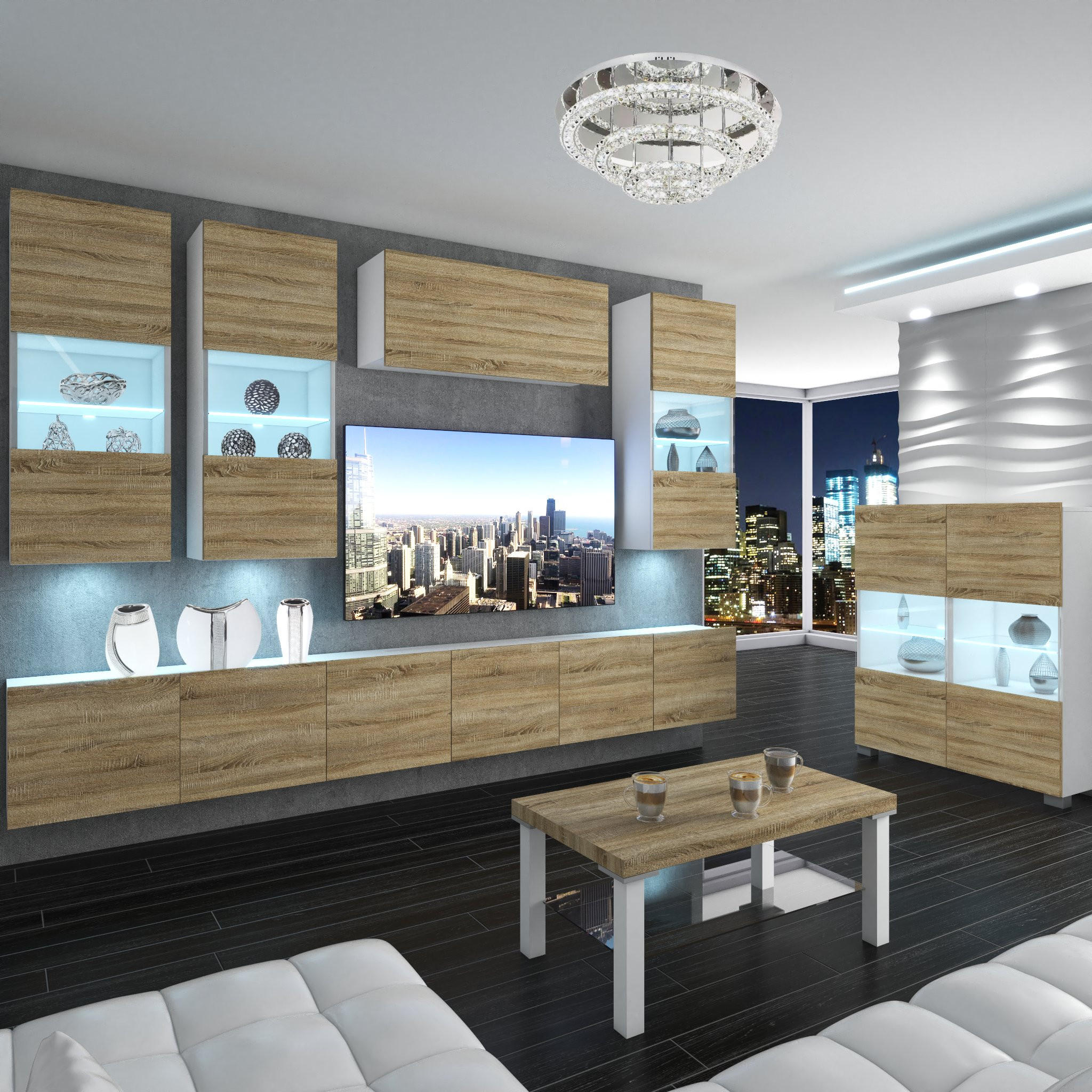 WOHNZIMMERWAND Schrankwand mit LED Sonoma Eiche - Beige, Holz (300/180/36cm) - B BELINI GROUP