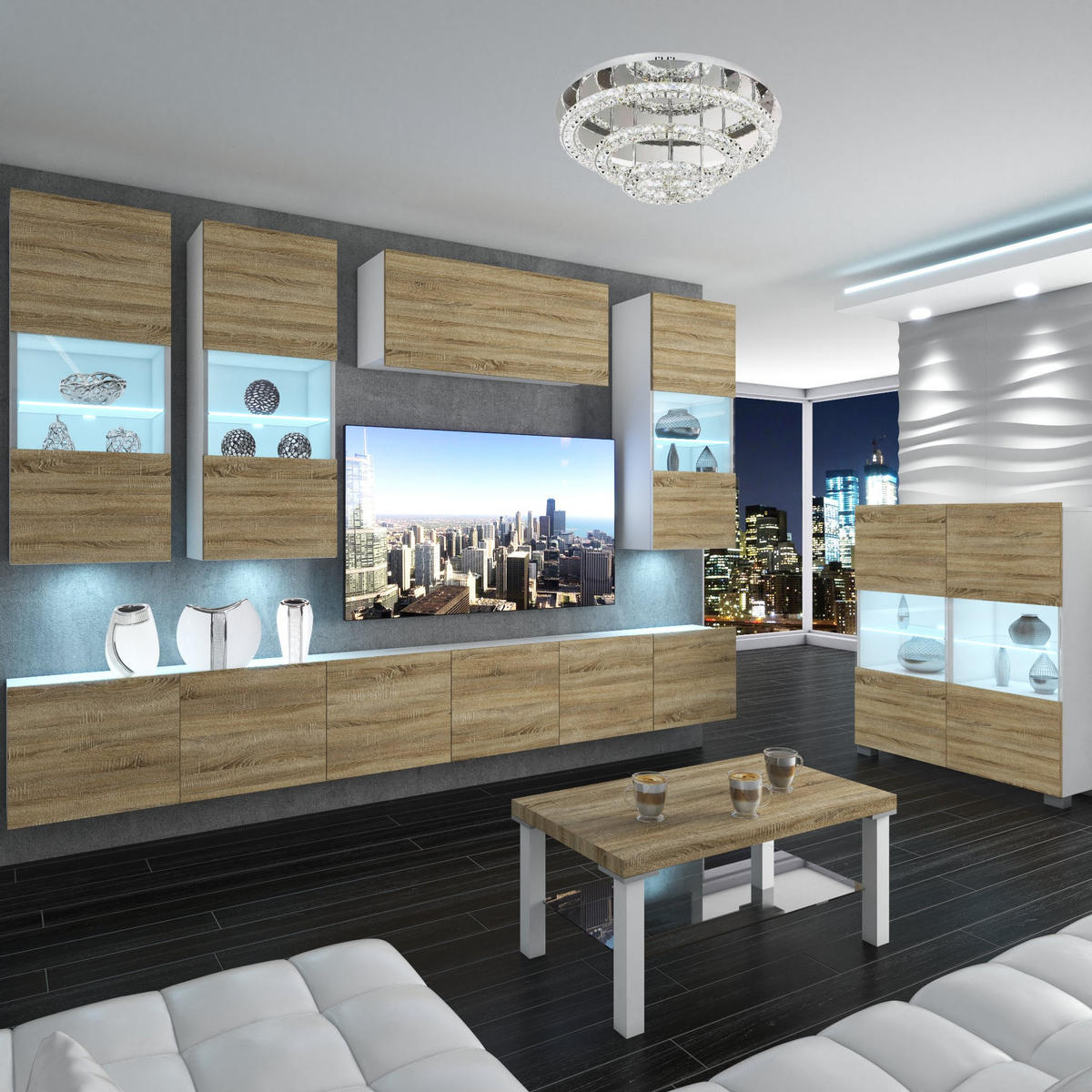 WOHNZIMMERWAND Schrankwand mit LED Sonoma Eiche - Beige, Holz (300/180/36cm) - B BELINI GROUP