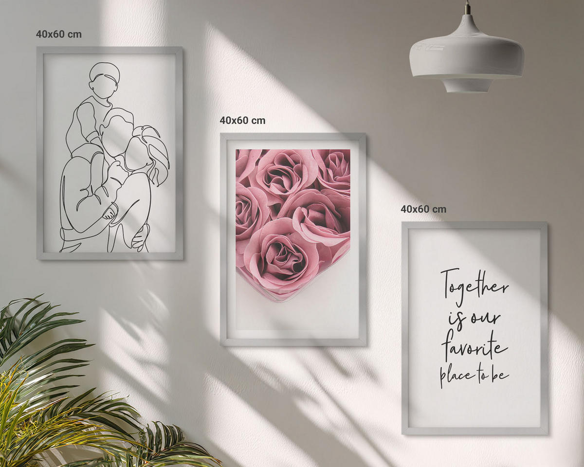 WANDBILDER 3er Set - 40x60 cm Silberner Rahmen - Rosensträuße als Familienzeichnung - Silberfarben, Kunststoff (40/60cm) - ArtPrintCave