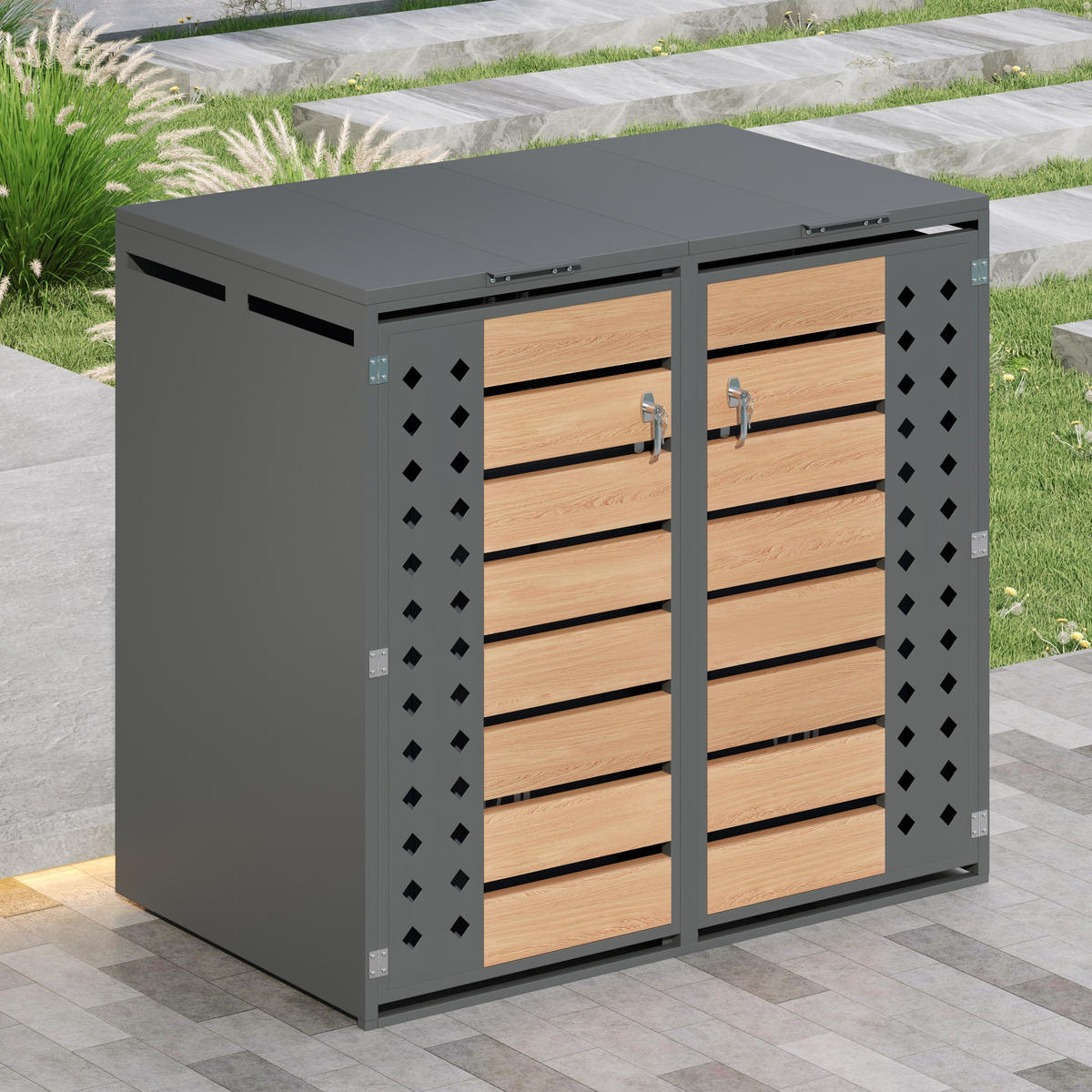 MÜLLTONNENBOX Klappdeckel 2 Türen Holzoptik - Grau, Metall (132/118.5/80cm) - LEBENLANG