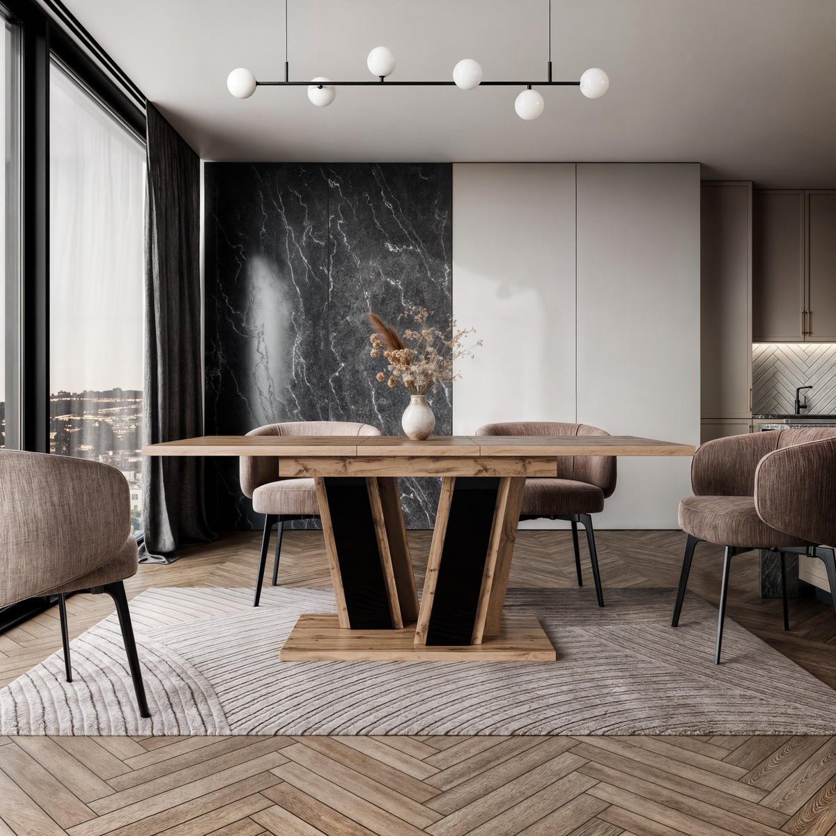 ESSTISCH BORSEN Ausziehbar 120 - 160 / 80 x 76 cm - Schwarz Hochglanz/Eiche Wotan, Holz (120/80/76cm) - MASSENO