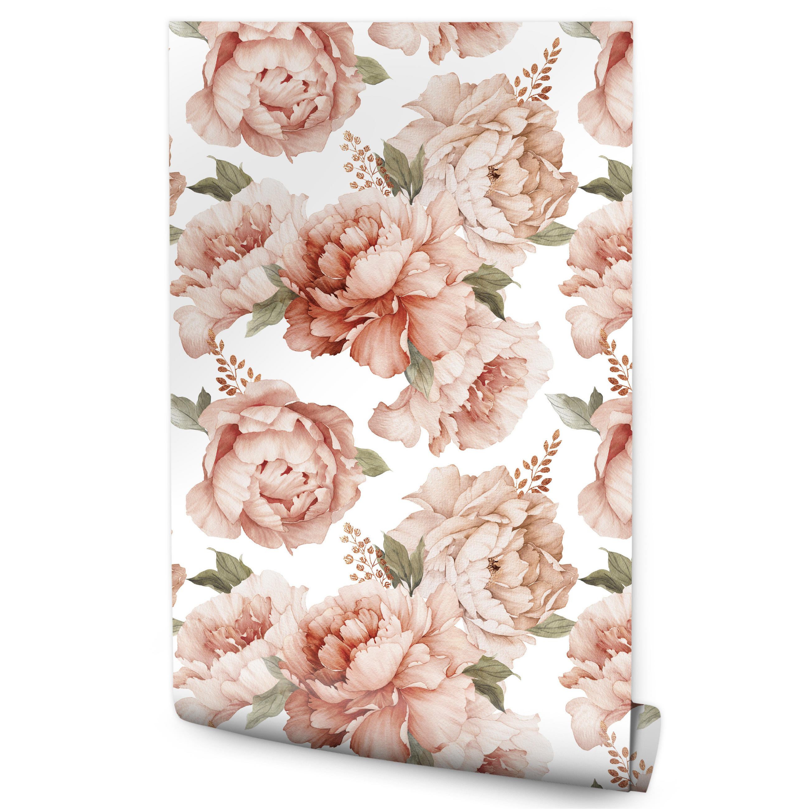 VLIESTAPETE Pfingstrosen im Boho-Stil – Rosa, Beige, Weiß – 50x1000 cm - Beige/Rosa, Papier (50/1000cm) - Muralo