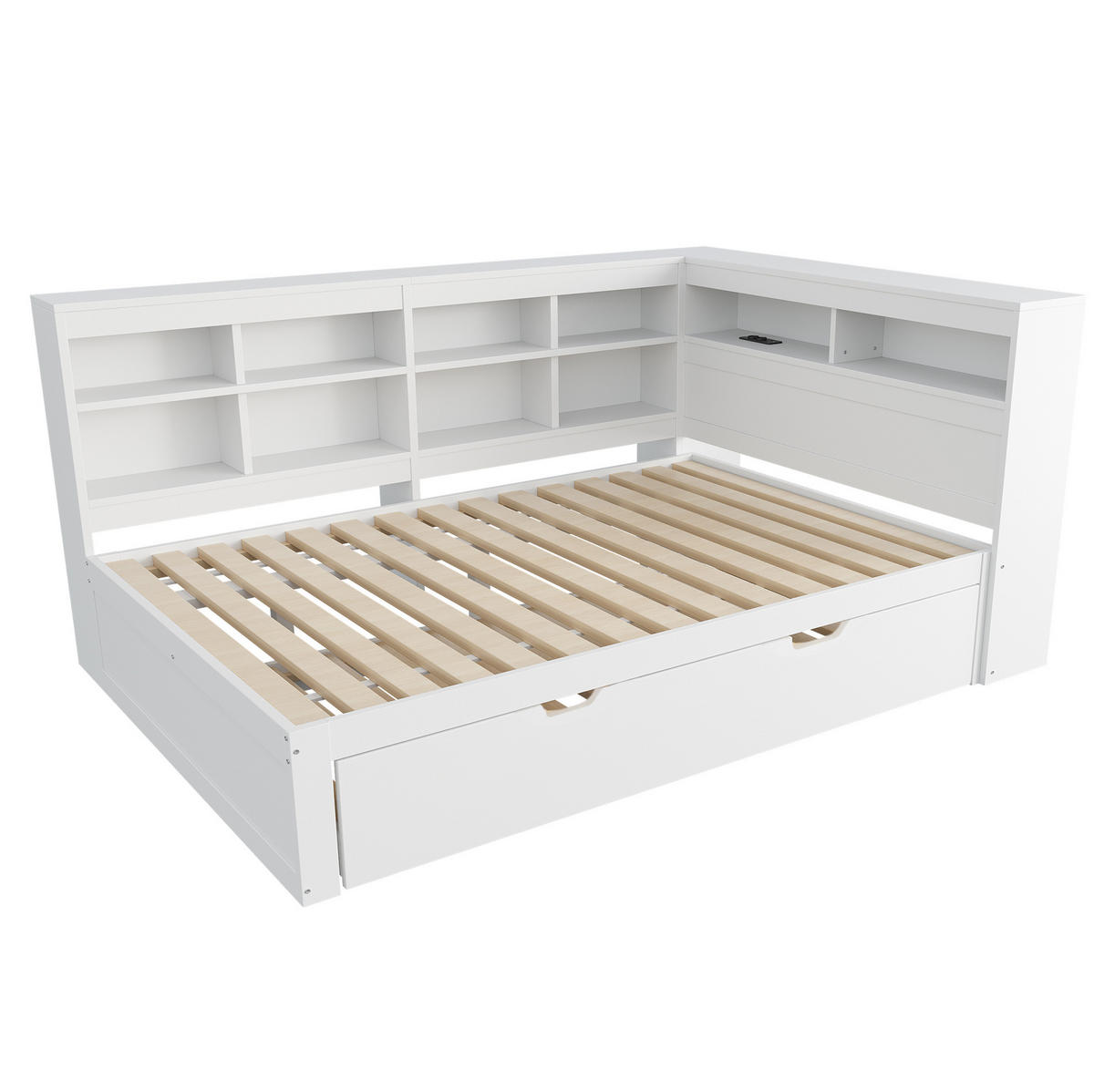 HOLZBETT 140/200 cm in Weiß mit Ausziehbett und USB-Anschluss - Weiß, Holz (140/200cm) - BEAOK