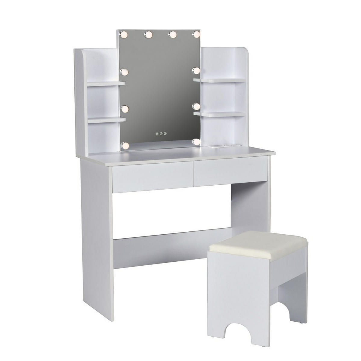 SCHMINKTISCH ALICE mit Spiegel, Beleuchtung und Hocker / Weiß - Weiß, Holzwerkstoff (90/135/40cm) - Weber Industries