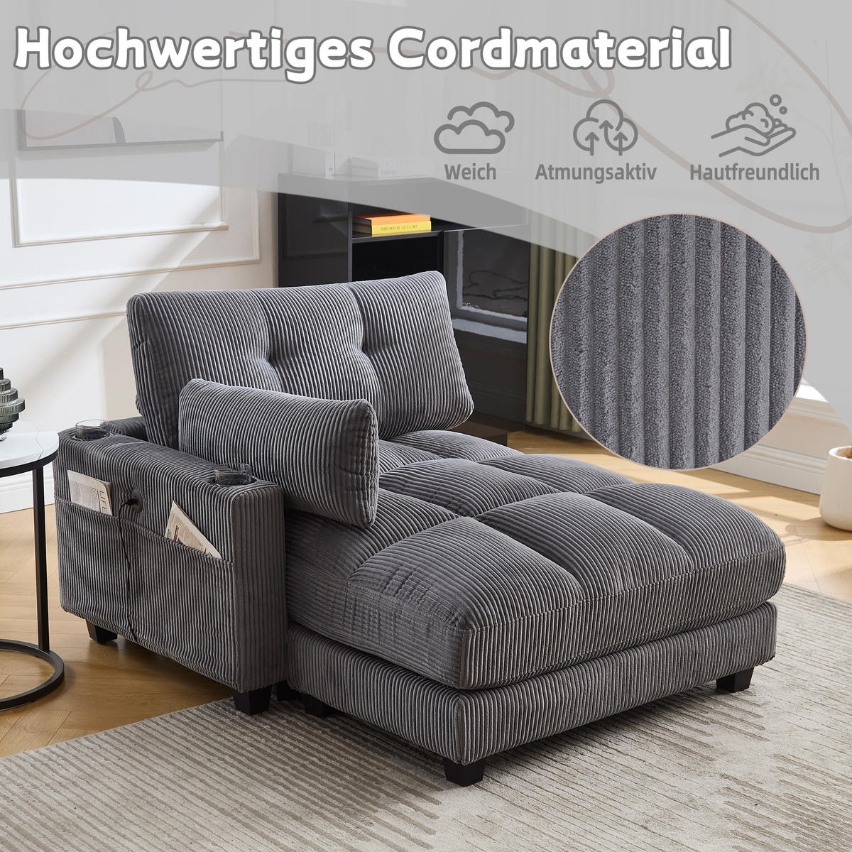 RÉCAMIERE 2-Sitzer Cord Grau mit USB, Getränkehaltern und Seitentasche - Grau, Holzwerkstoff/Kunststoff (140/81/121cm) - WISHDOR