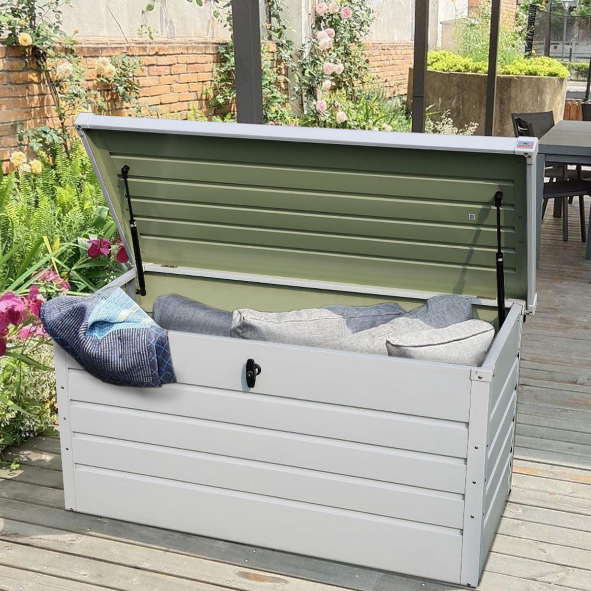 GARTENBOX Auflagenbox Kissenbox mit Schloss für Werkzeuge aus Metall in Anthrazit in AußenGarten abschließbar 60 x 114 x 53 cm 20 kg - Weiß, Metall (60/53/114cm) - Livingandhome