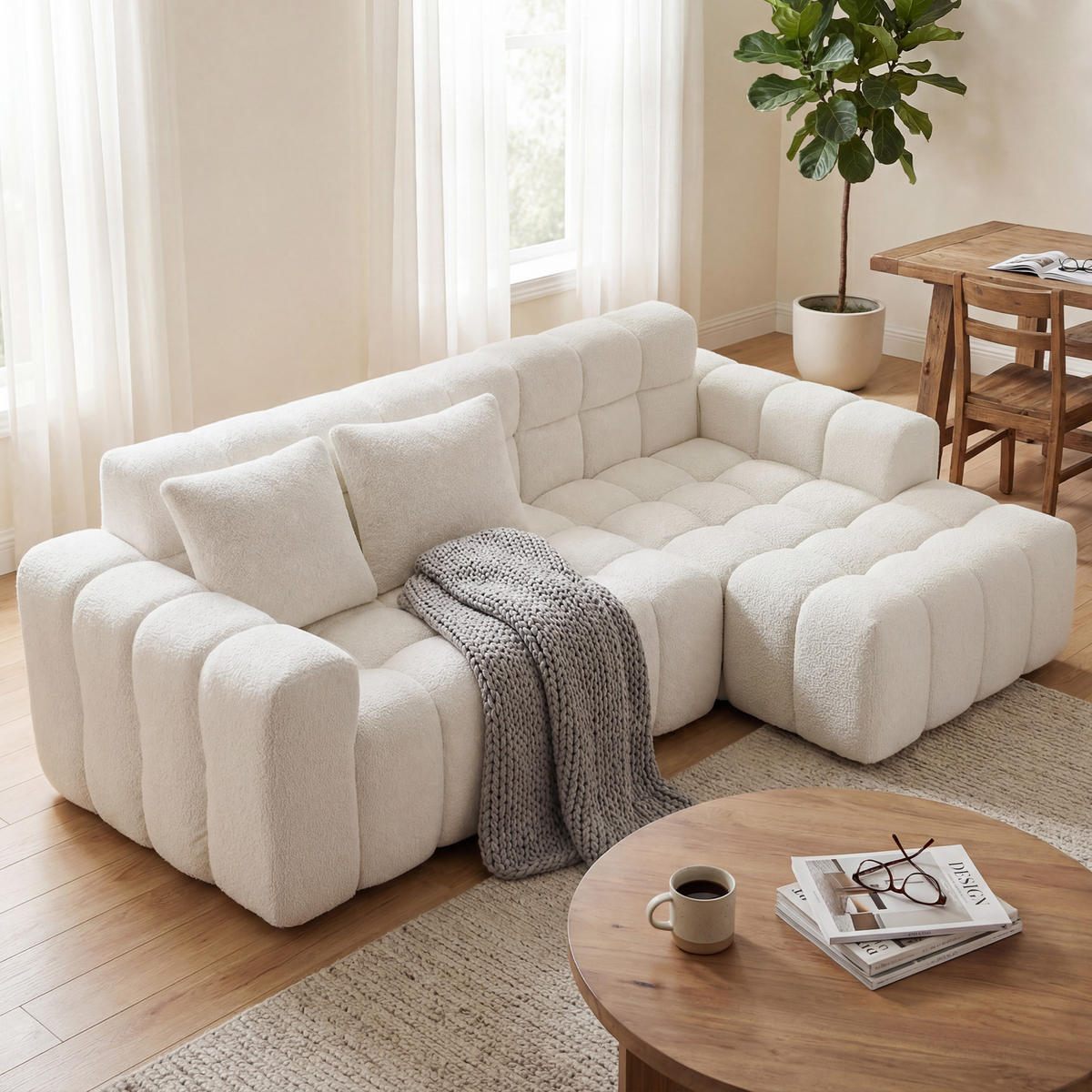ECKSOFA L-Form 3-Sitzer in Weiß aus Samt mit recht Chaiselongue - Weiß, Textil (249.94/149.1cm) - CHICFURN