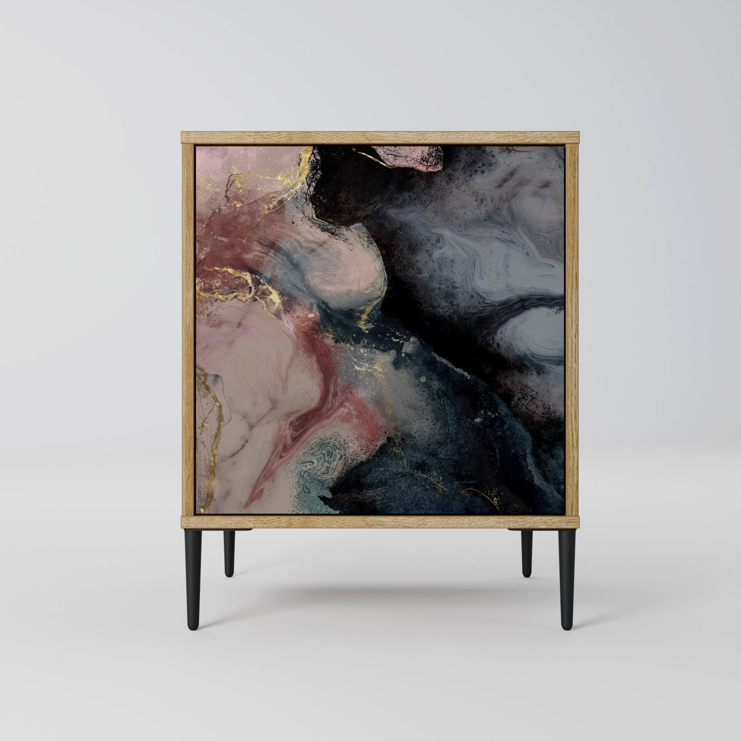 SIDEBOARD GILDED SWIRLS, Eichefarben, 57,5x42x72,5 cm, Schwarze Metallfüße - Eichefarben/Multicolor, Holzwerkstoff/Metall (57.5/72.5/42cm) - SpaceRebels