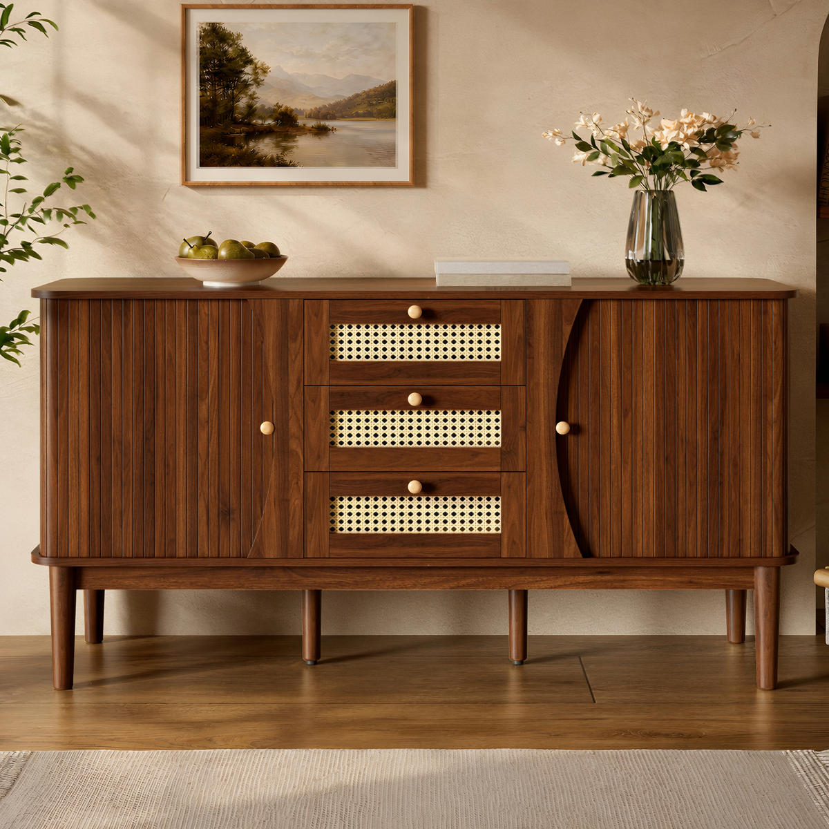 SIDEBOARD Rattan Schiebetüren verstellbare Böden modern - Walnussfarben, Holzwerkstoff (40/73/140.5cm) - FLIEKS