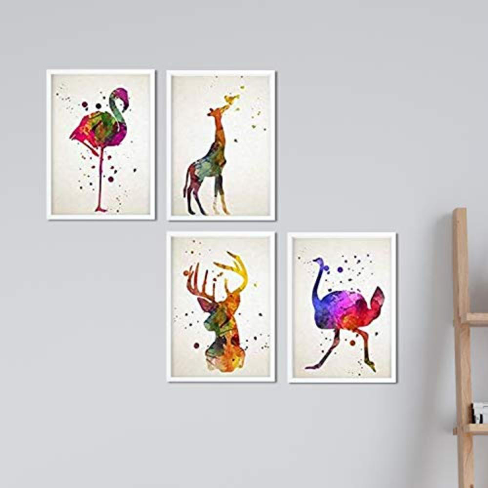 POSTER Set mit 4 Flamenco, Weste, Hirsch und Giraffe A4 Schwarzer Rahmen - Schwarz, Papier (29.7/3cm) - Nacnic