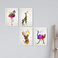 POSTER Set mit 4 Flamenco, Weste, Hirsch und Giraffe A4 Schwarzer Rahmen - Schwarz, Papier (29.7/3cm) - Nacnic