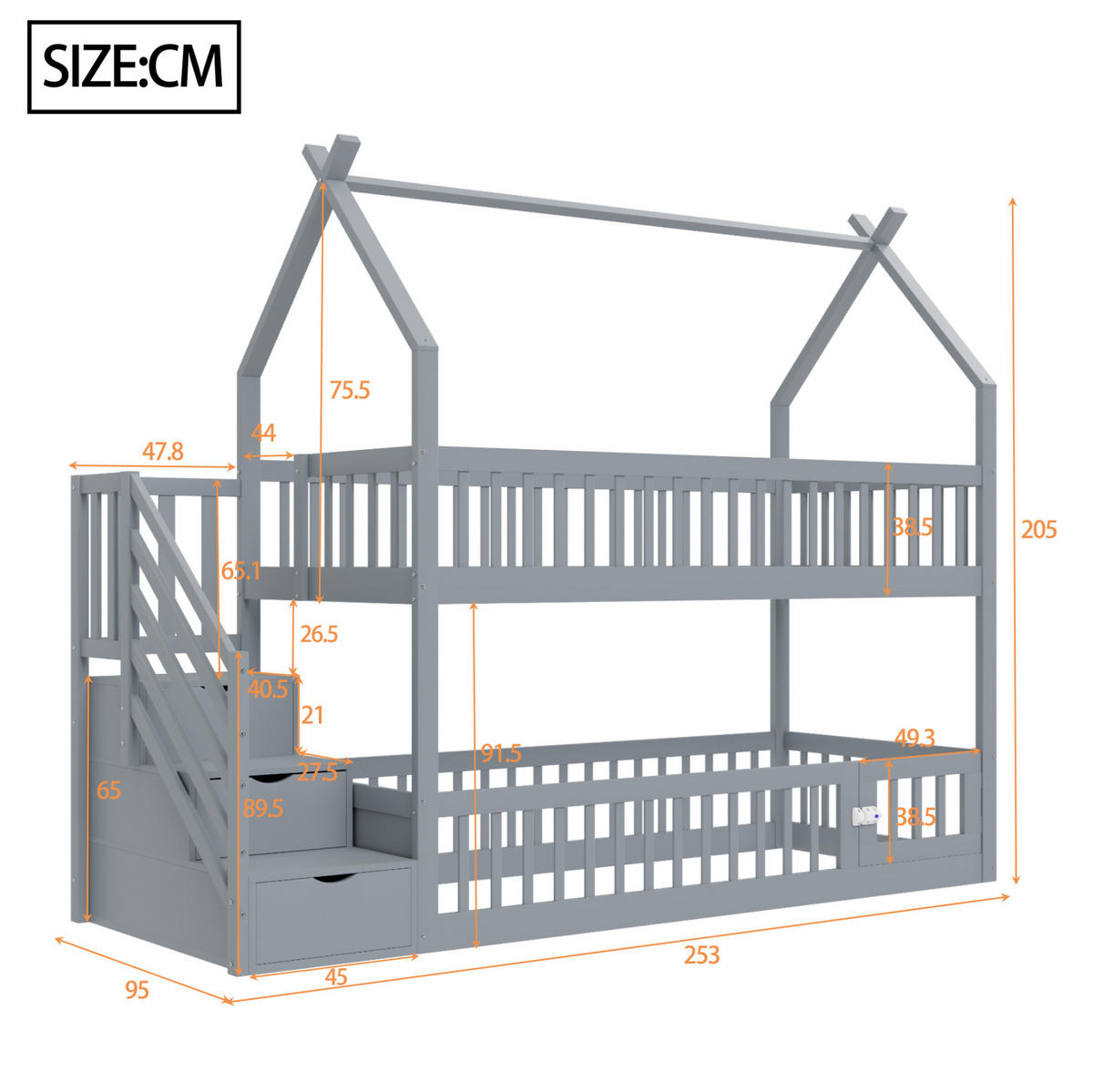 ETAGENBETT aus massivem Kiefernholz 90x200 cm Grau mit Dach, Sicherheitstreppe und Schubladen - Grau, Holzwerkstoff (90/200cm) - Modfu